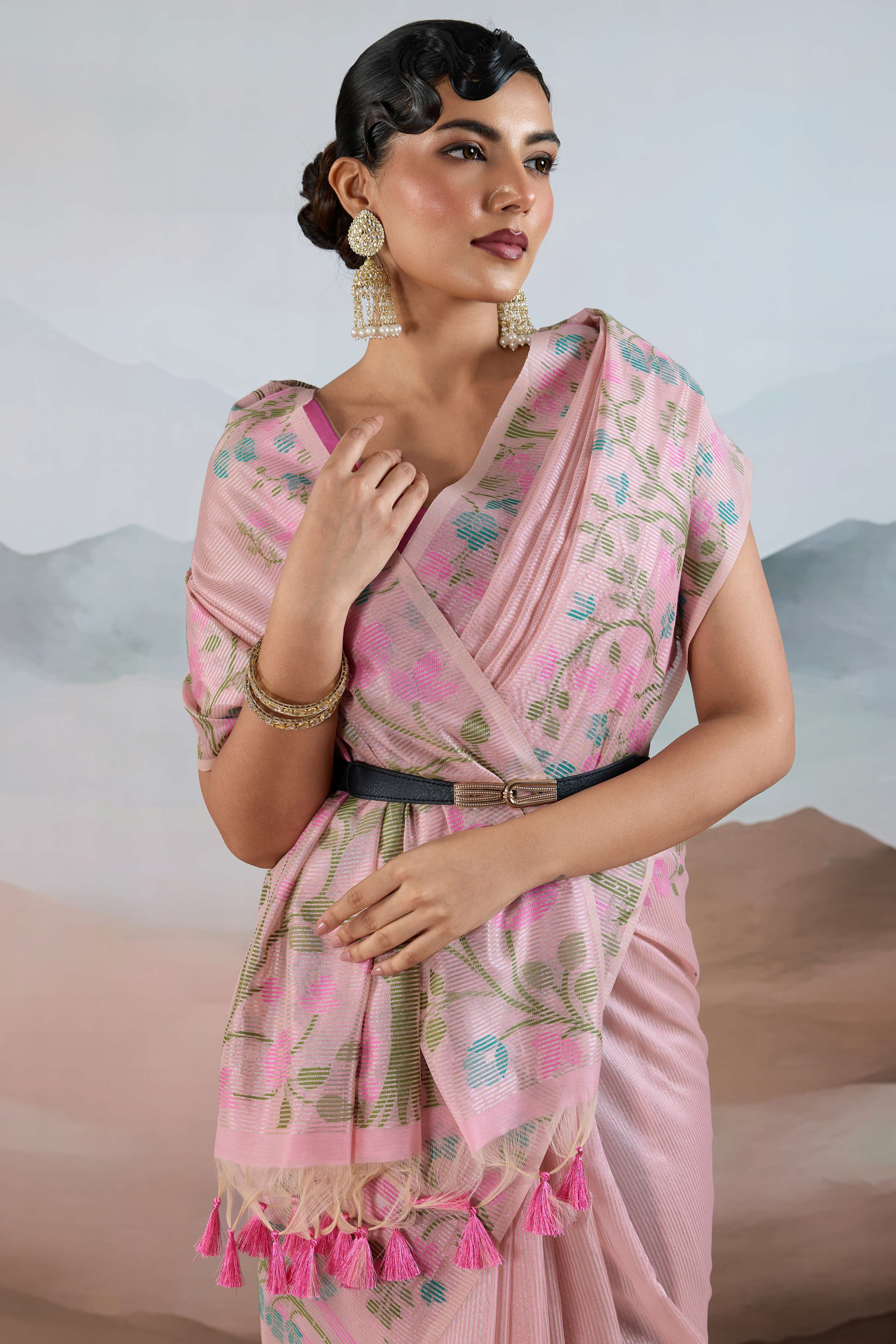 Pink Tissue Silk Saree Showcasing Floral & Striped Weaving With Tassel Adornment - Image 6