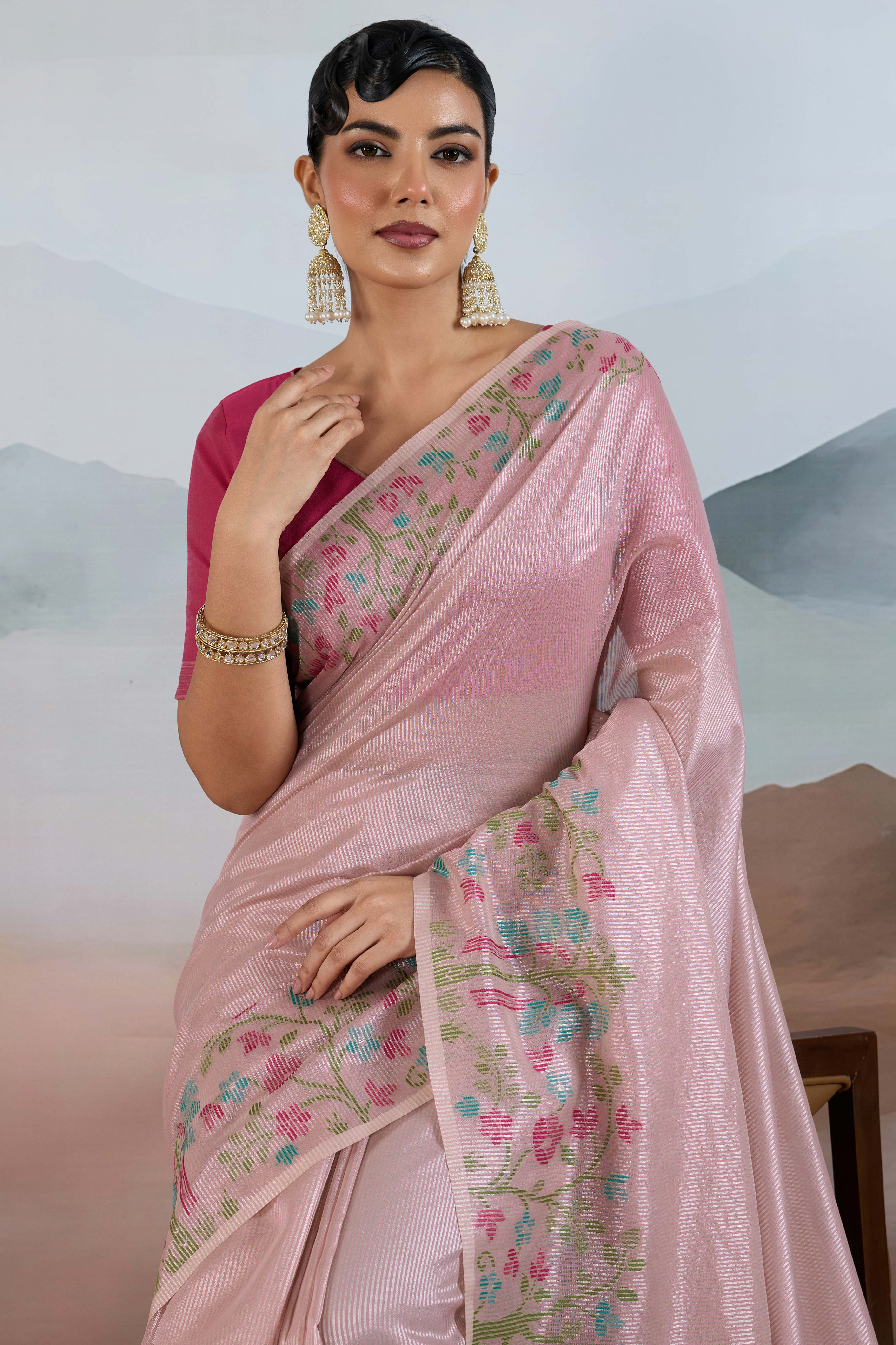 Pink Tissue Silk Saree Showcasing Floral & Striped Weaving With Tassel Adornment - Image 6