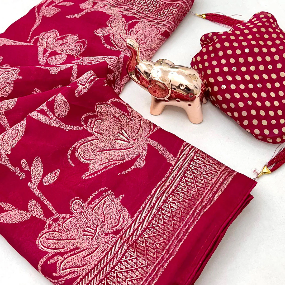 Pink Toned Georgette Saree With Intricate Mill Print & Gleaming Floral Foil Embellishments - Image 2