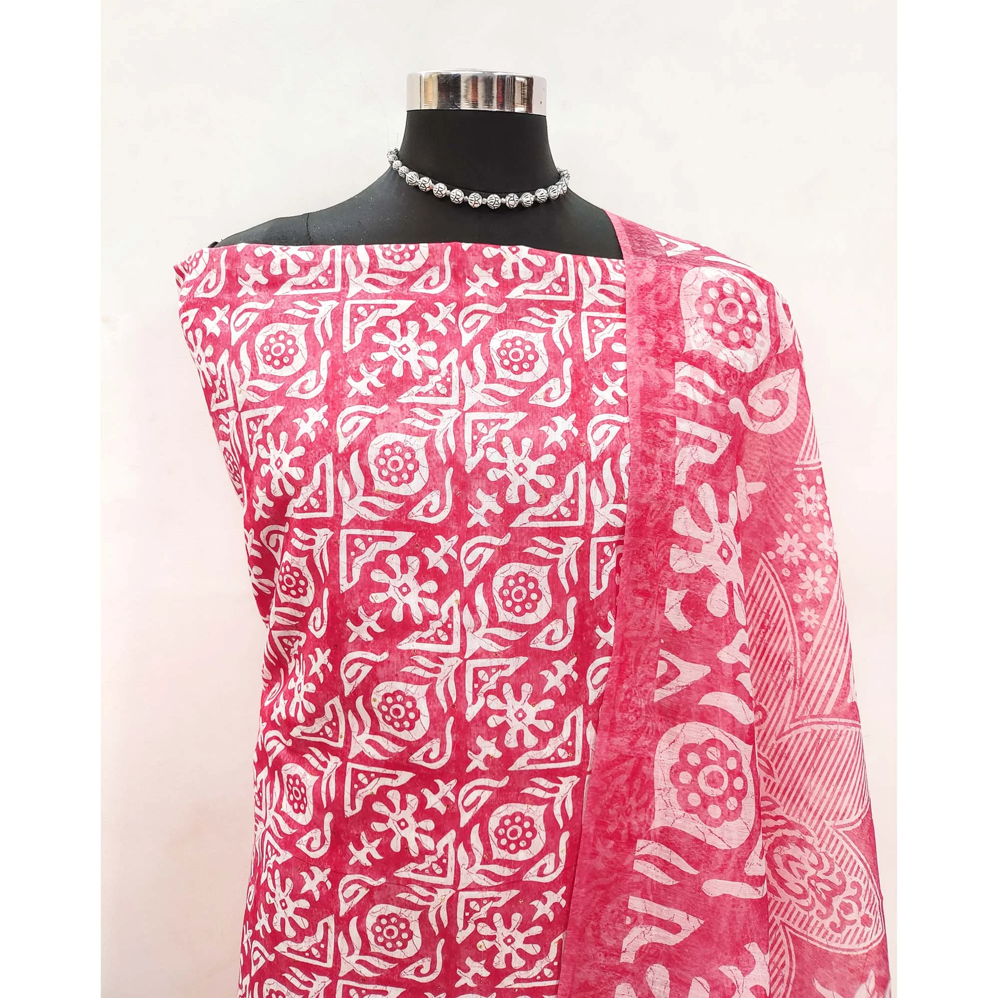 Pink Traditional Batik Print on Linen Dress Material - Image 4