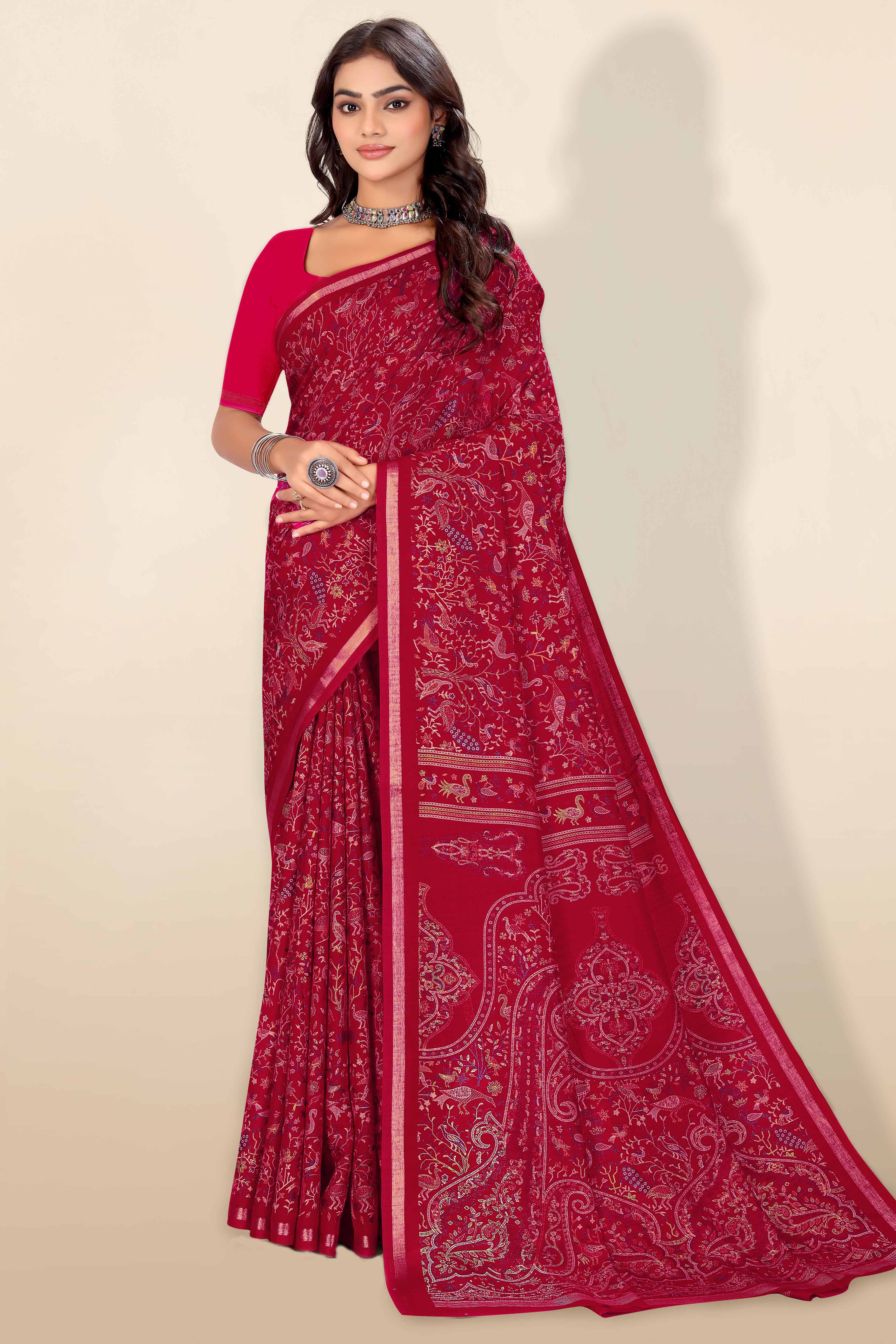 Pink Tussar Silk Blend Saree with Intricate Floral & Bird Kashmiri Print & Elegant Zari Border - Image 5