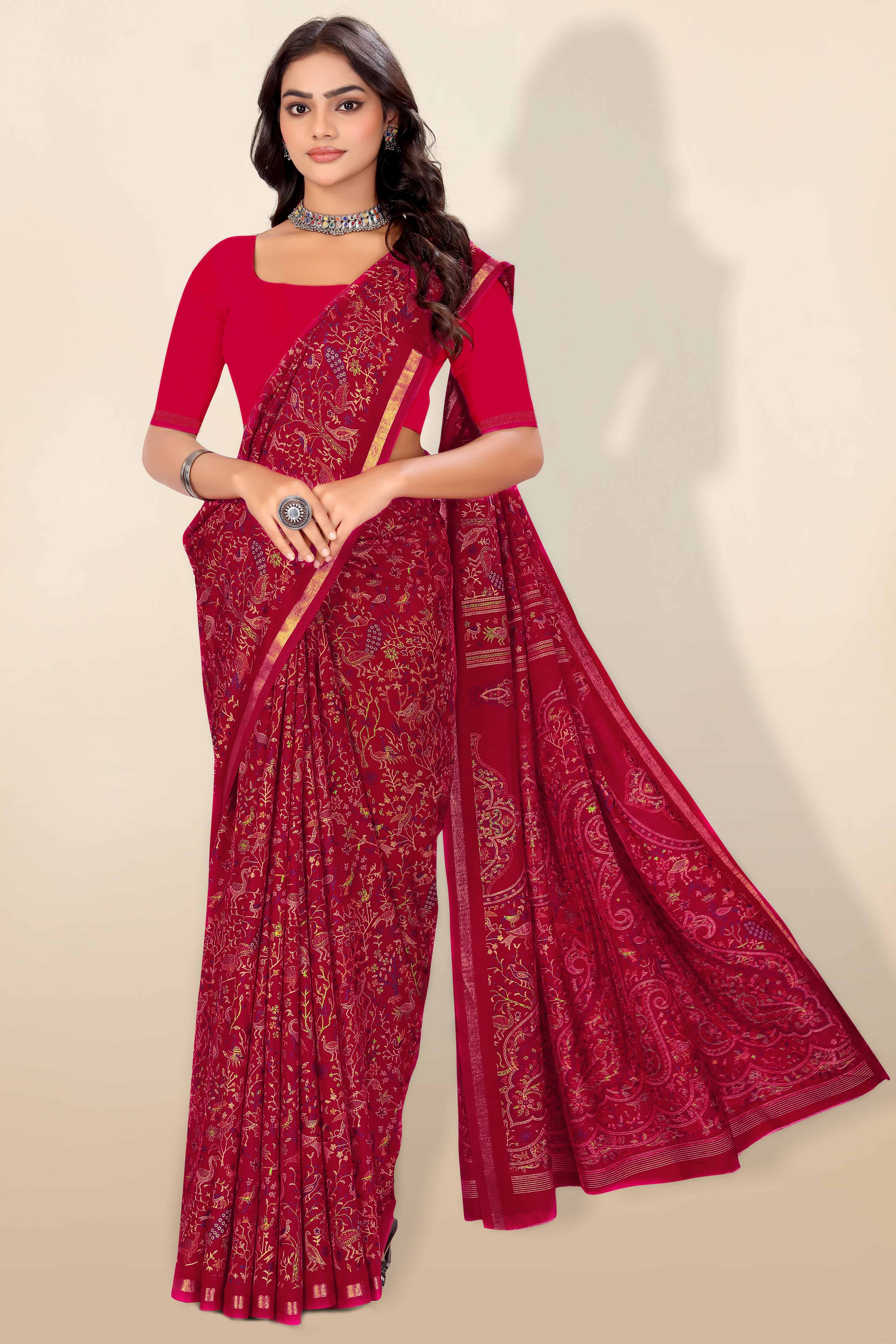 Pink Tussar Silk Blend Saree with Intricate Floral & Bird Kashmiri Print & Elegant Zari Border - Image 6