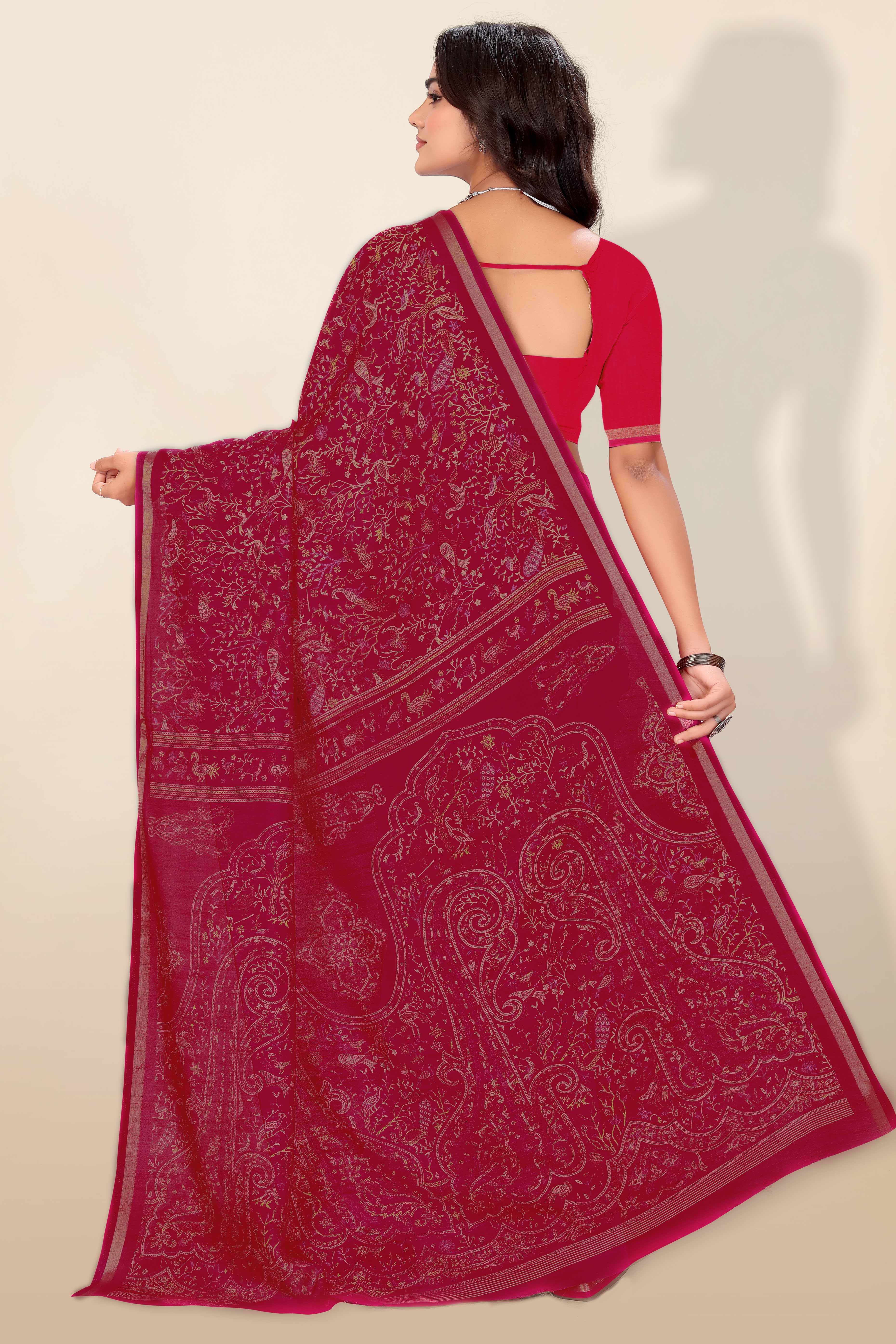Pink Tussar Silk Blend Saree with Intricate Floral & Bird Kashmiri Print & Elegant Zari Border - Image 8