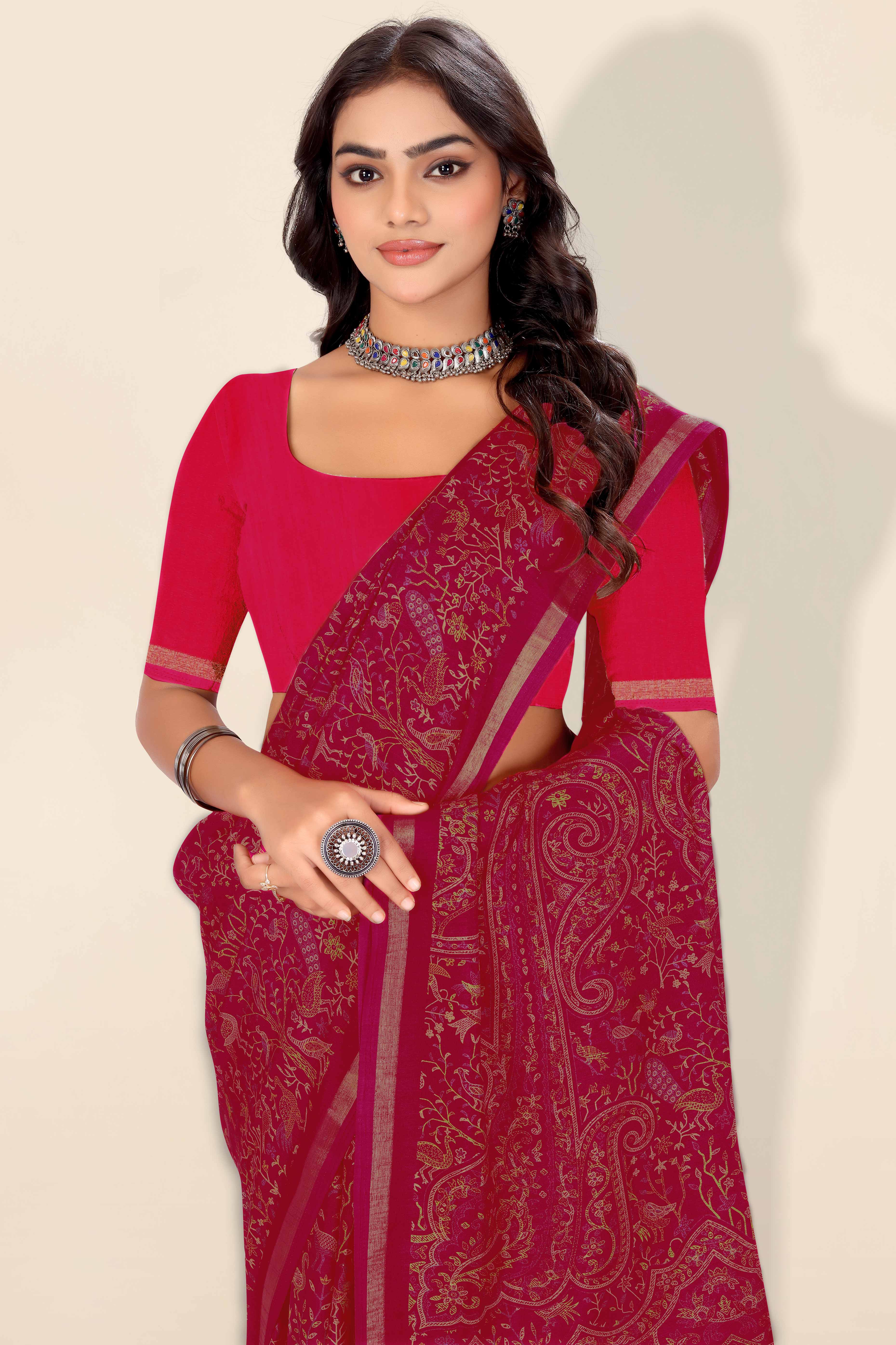 Pink Tussar Silk Blend Saree with Intricate Floral & Bird Kashmiri Print & Elegant Zari Border - Image 9
