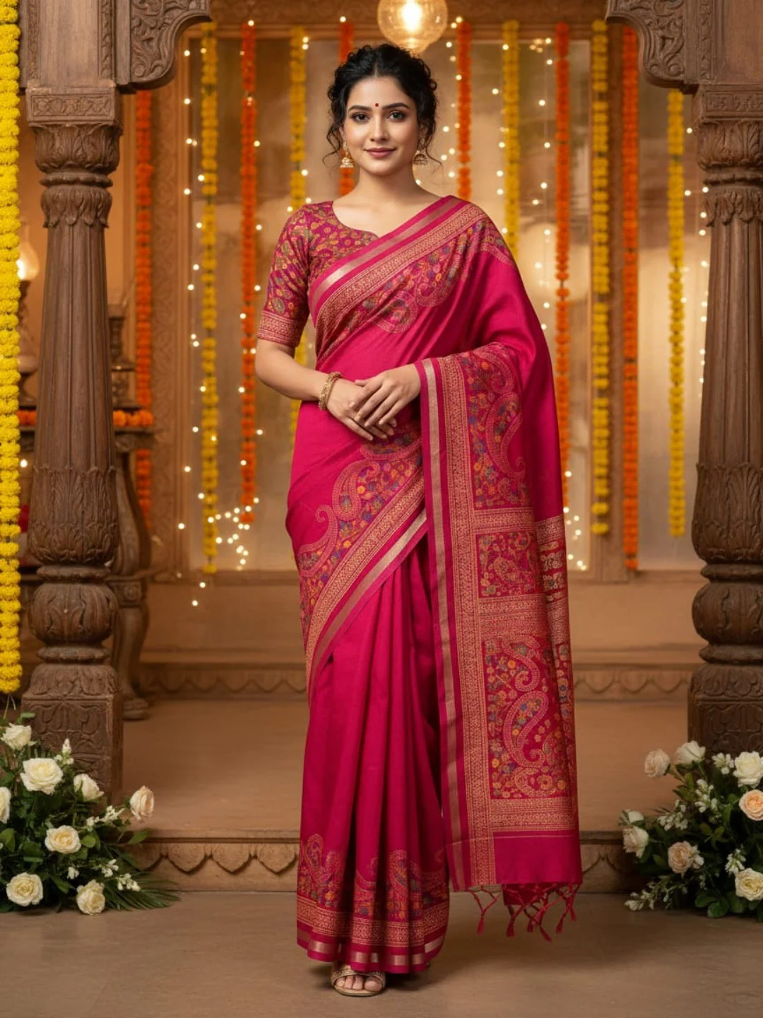Pink Tussar Silk Saree with Classic Paisley Pattern and Refined Traditional Finish
