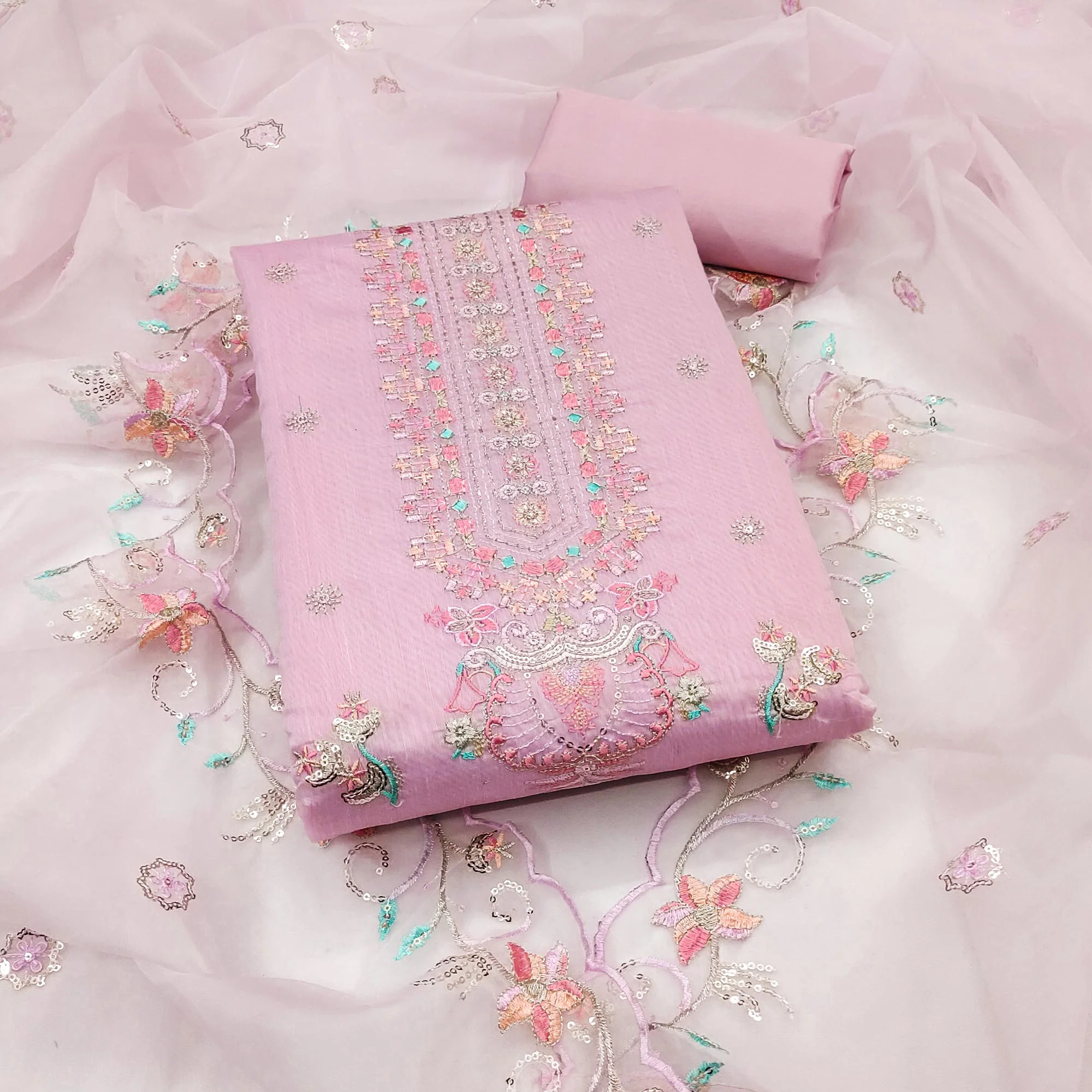 Pink Unstitched Chanderi Silk Dress Material with Delicate Sequins Work