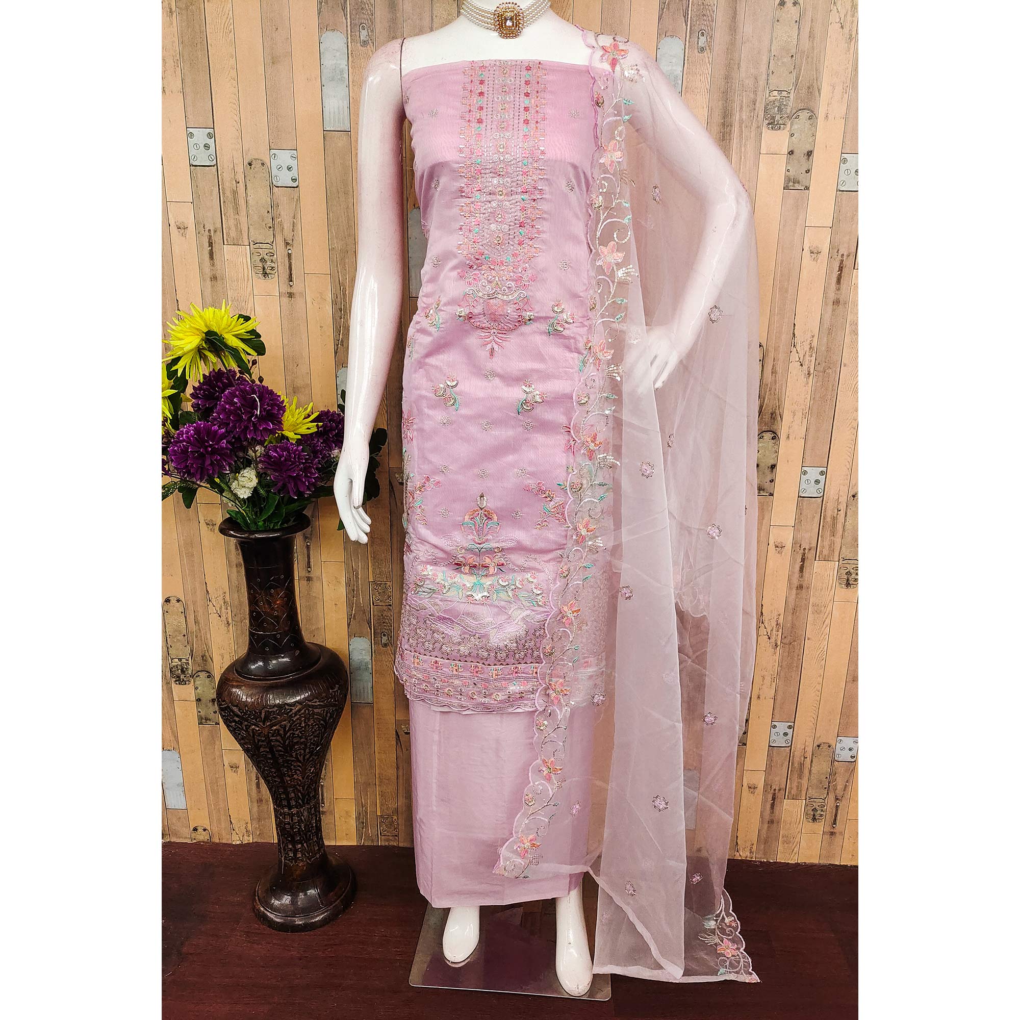 Pink Unstitched Chanderi Silk Dress Material with Delicate Sequins Work - Image 3
