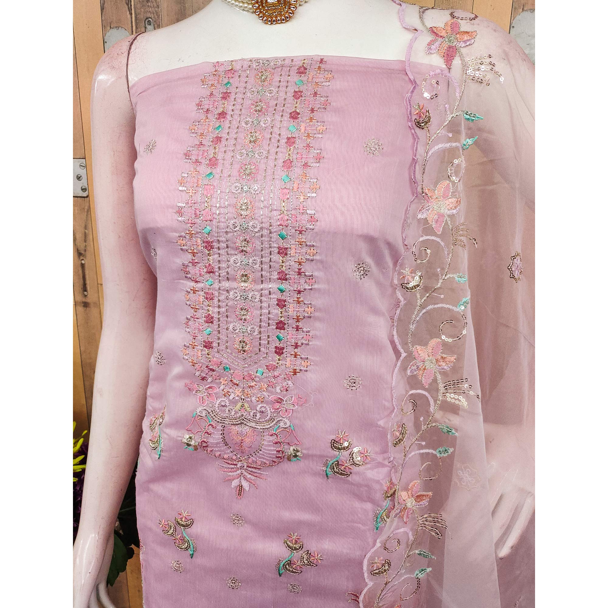 Pink Unstitched Chanderi Silk Dress Material with Delicate Sequins Work - Image 4