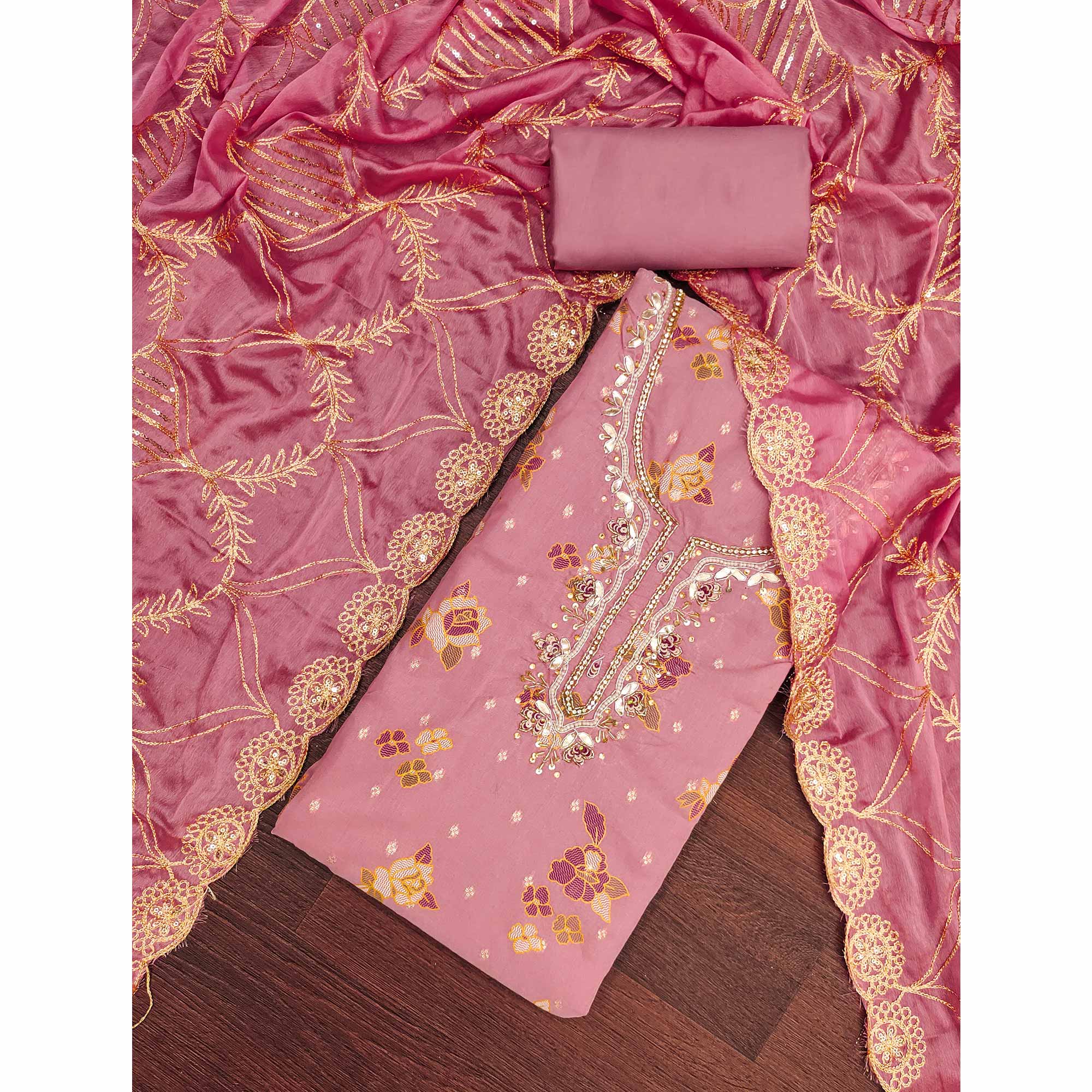 Pink Unstitched Dress Material in Shimmer Cotton Silk with Delicate Thread Work Embroidery - Image 3