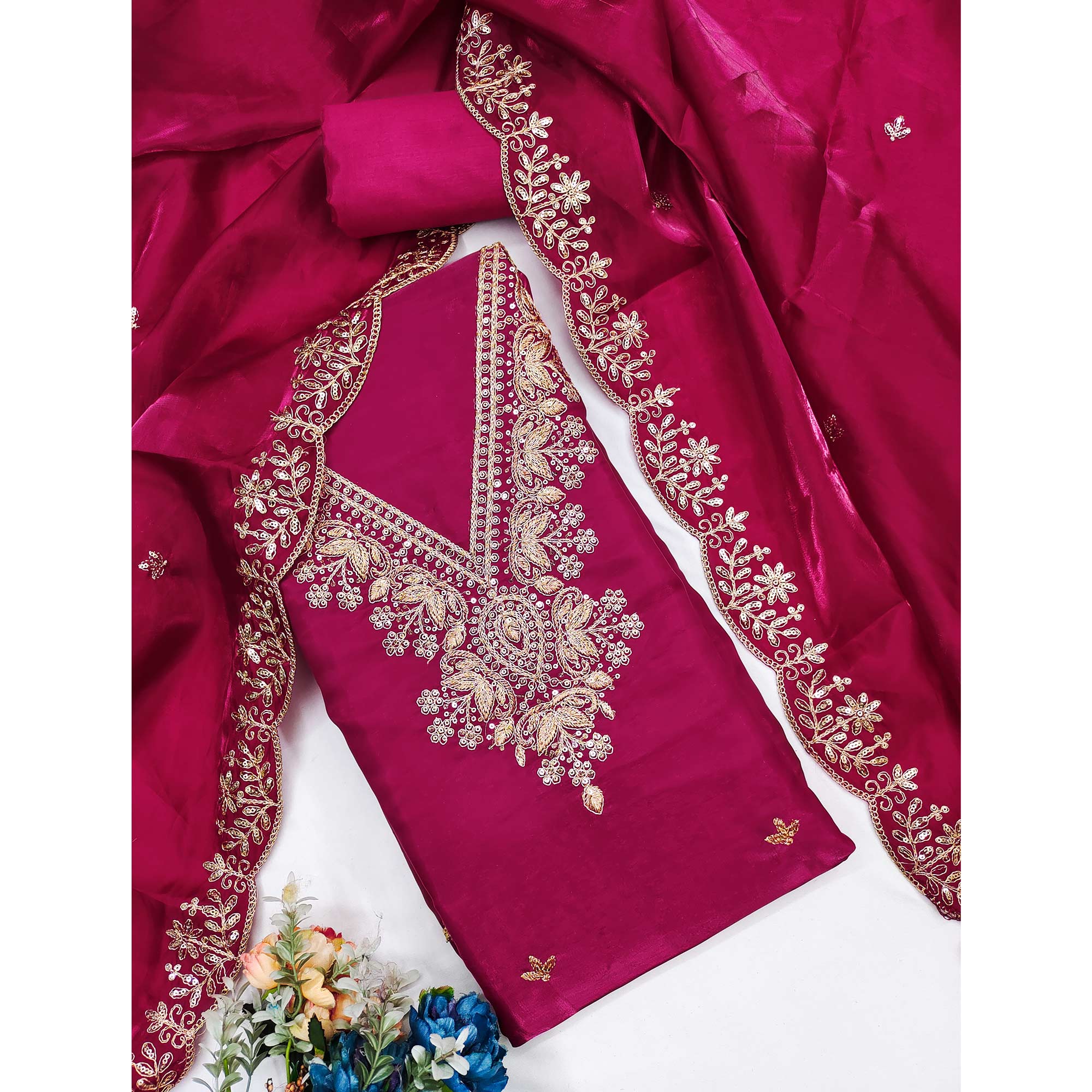 Pink Unstitched Organza Suit with Thread Embroidery - Image 3