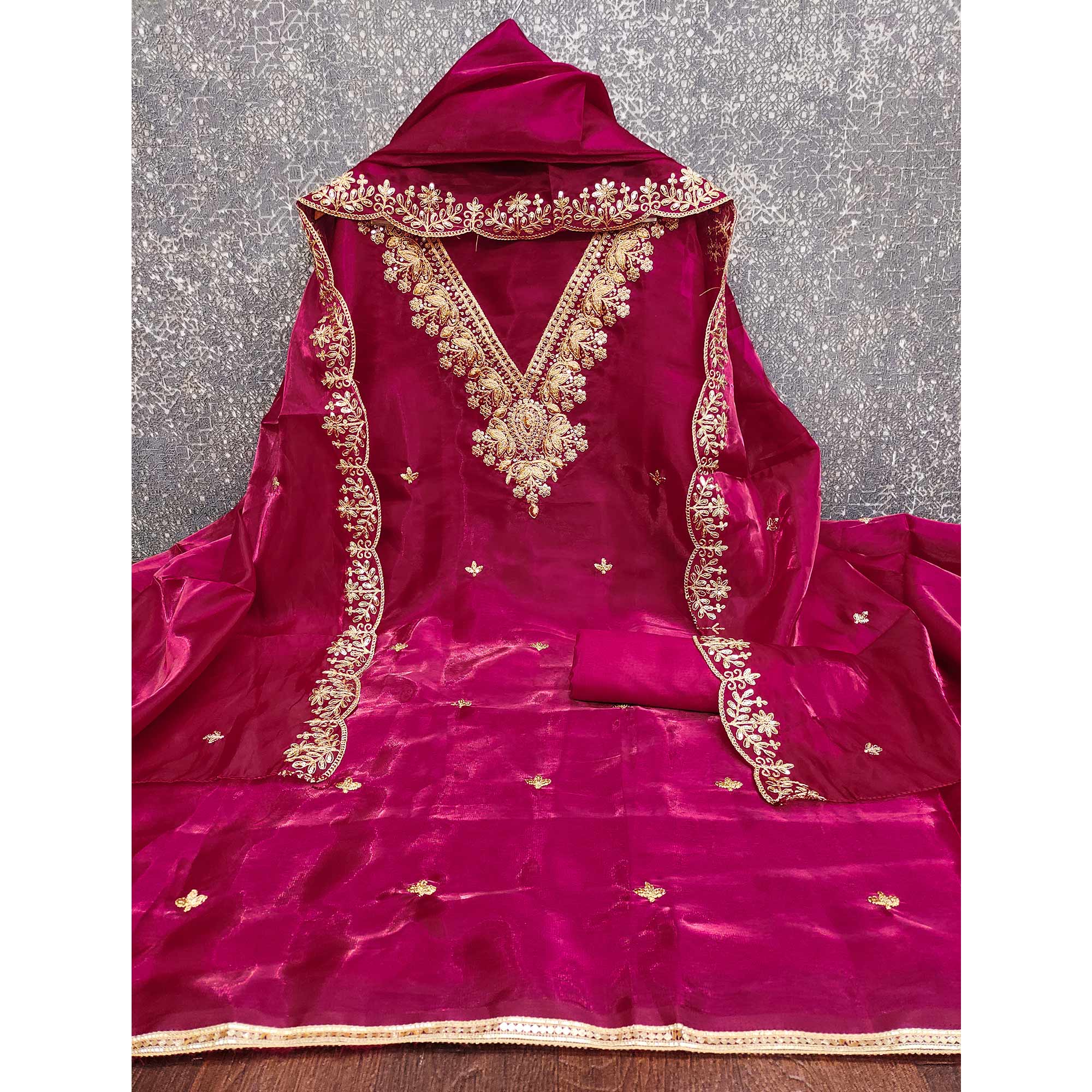 Pink Unstitched Organza Suit with Thread Embroidery - Image 4