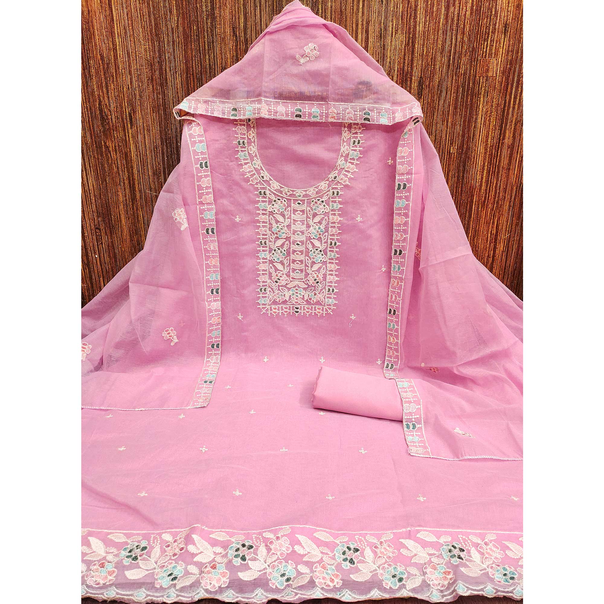 Pink Unstitched Suit Material in Premium Floral Thread Embroidered Chanderi Silk - Image 3