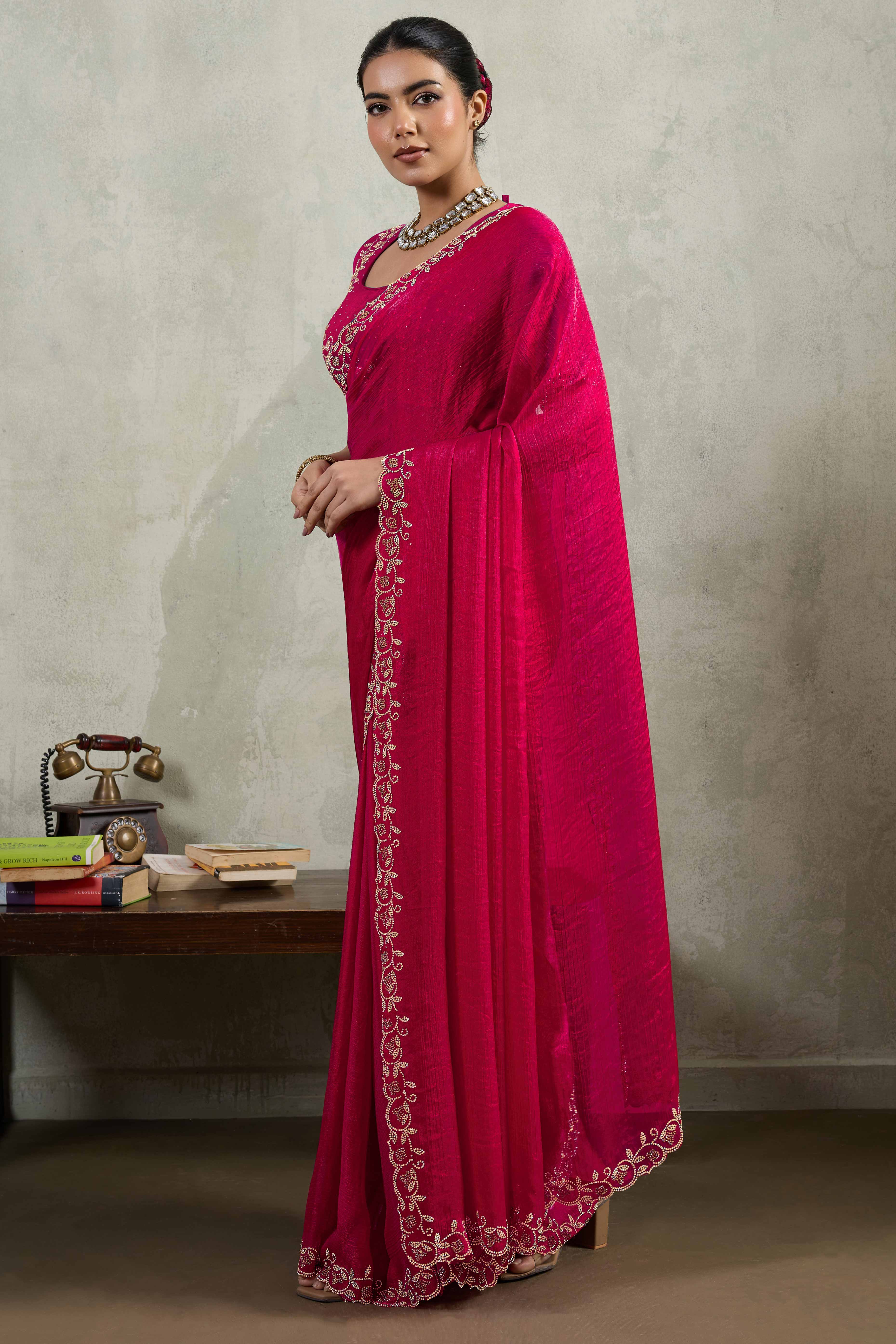 Pink Velvet Chiffon Saree Accented with Sparkling Zarkan Detailing - Image 3