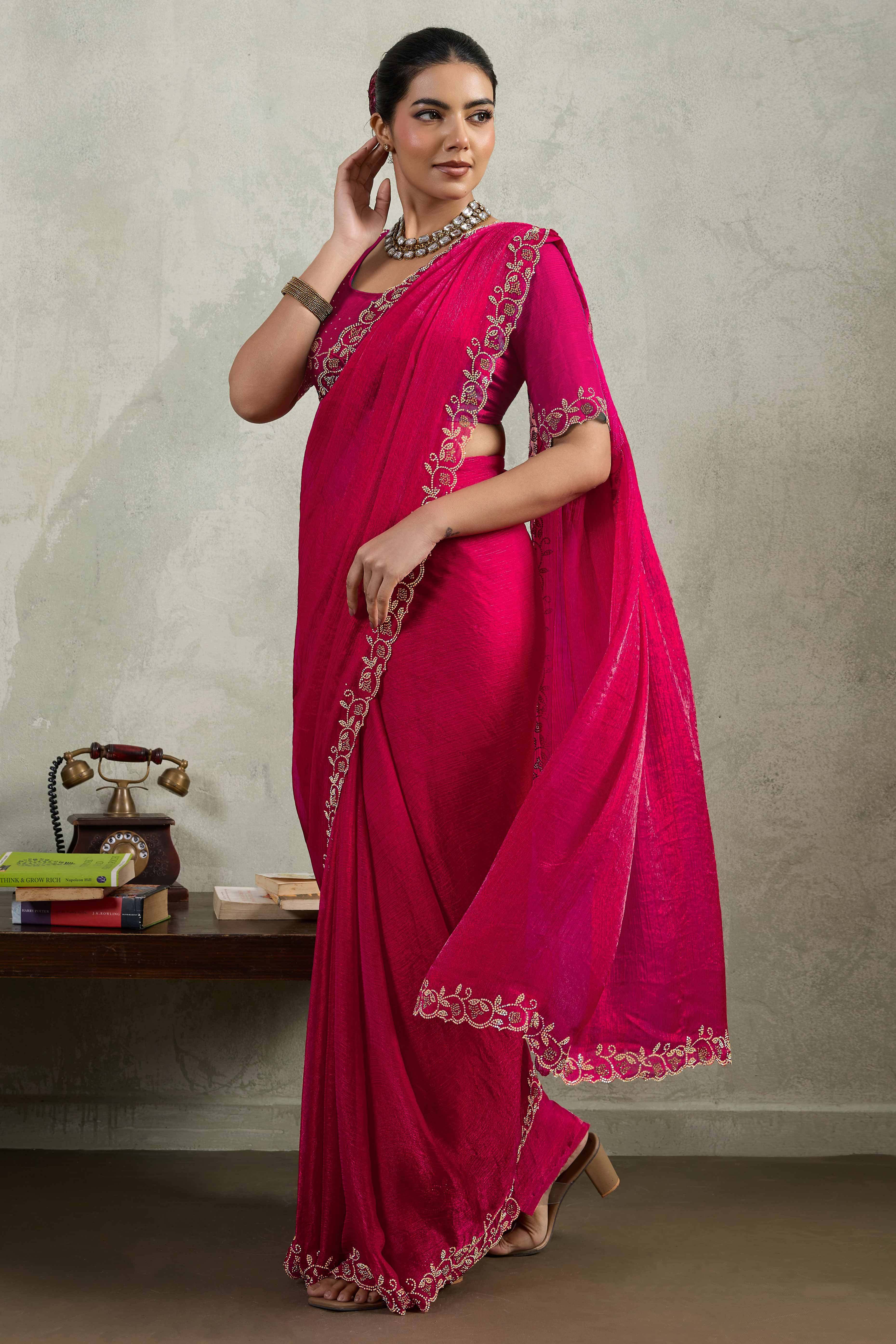 Pink Velvet Chiffon Saree Accented with Sparkling Zarkan Detailing - Image 4