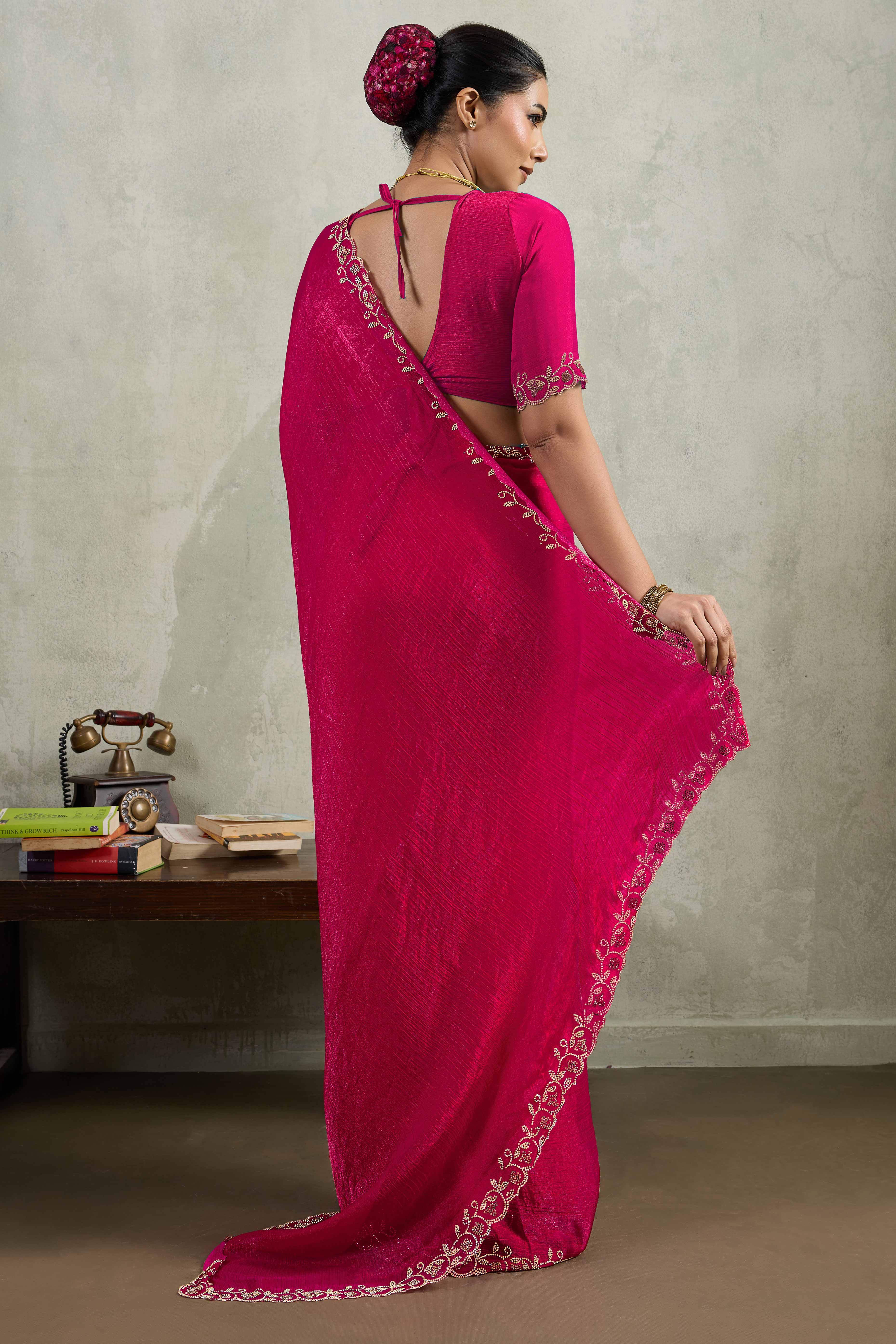 Pink Velvet Chiffon Saree Accented with Sparkling Zarkan Detailing - Image 5
