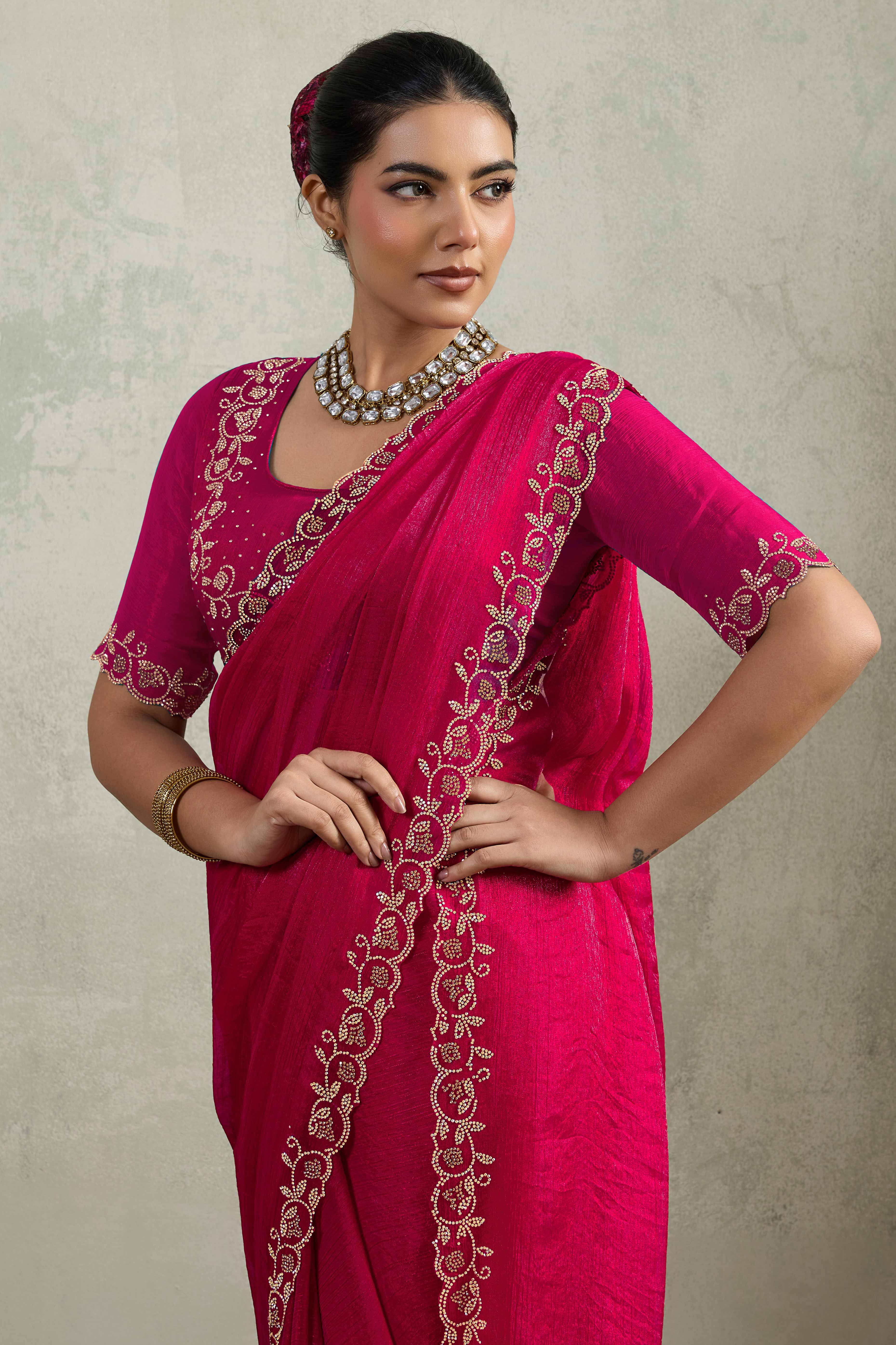 Pink Velvet Chiffon Saree Accented with Sparkling Zarkan Detailing - Image 6