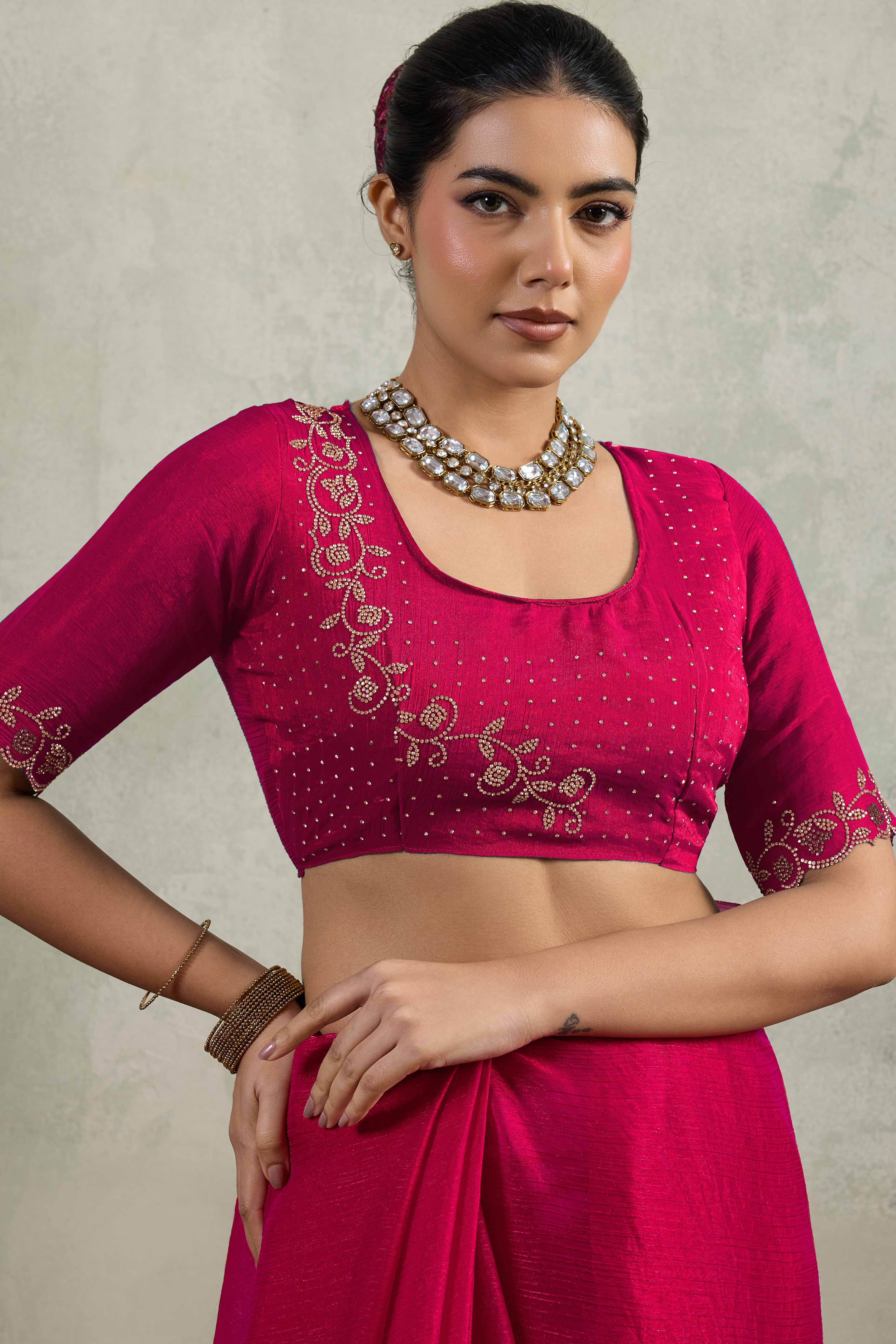 Pink Velvet Chiffon Saree Accented with Sparkling Zarkan Detailing - Image 7