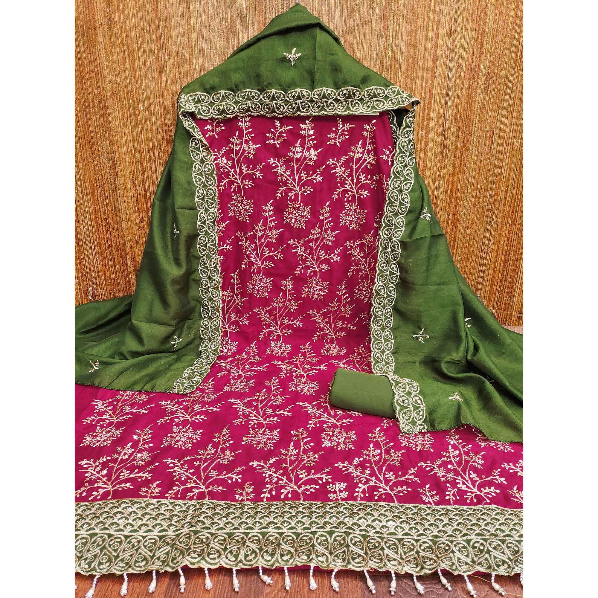 Pink Vichitra Silk Dress Material With Exquisite Sequins & Zari Embroidery - Image 4