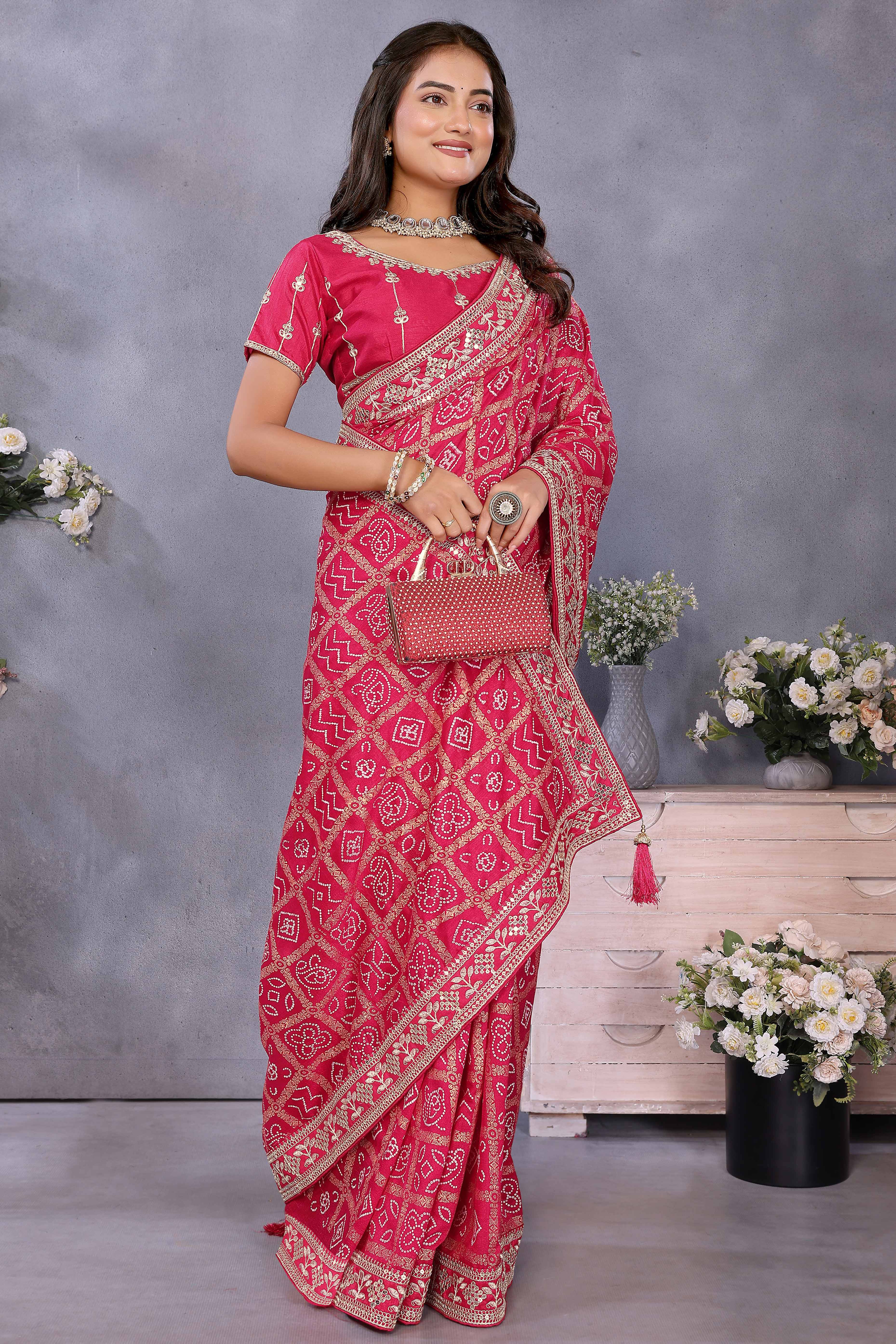 Pink Vichitra Silk Saree Highlighted with Bandhani Print and Sequins Embroidered Border - Image 3
