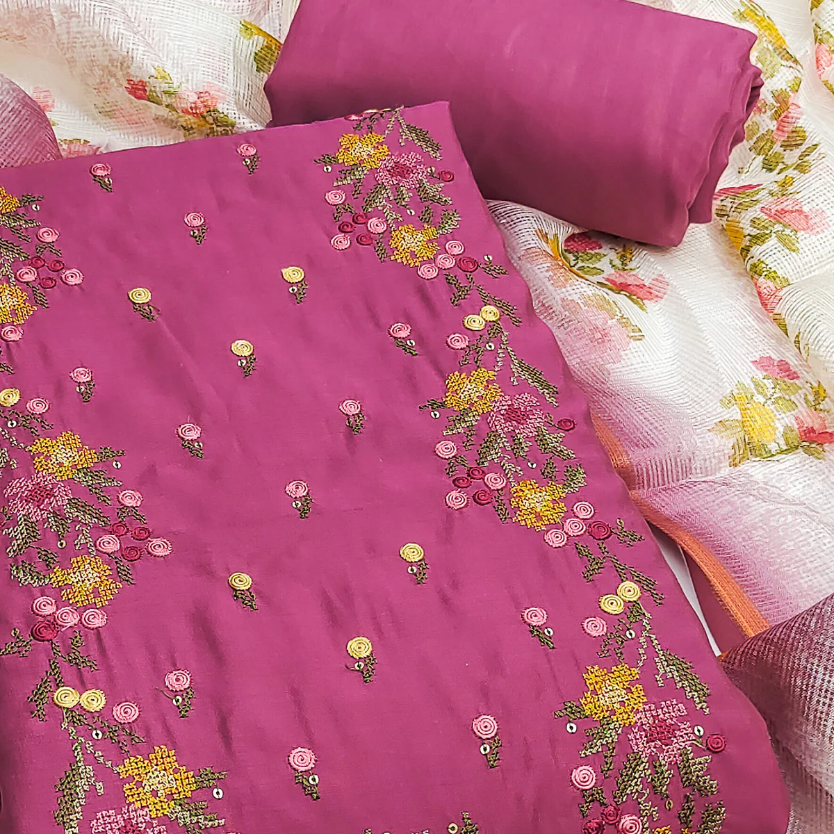 Pink Viscose Dress Material With Floral Embroidered Neckline - Image 2