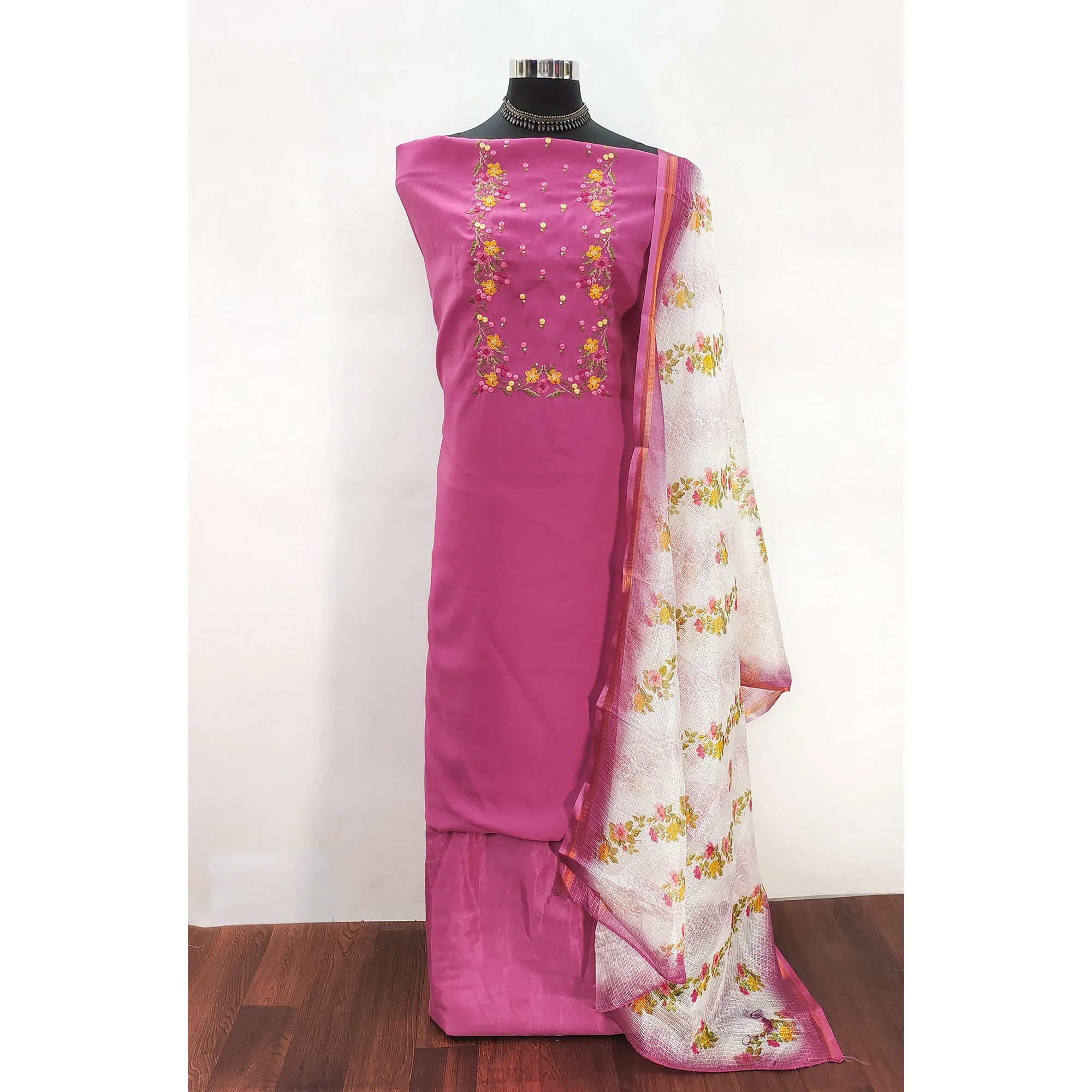 Pink Viscose Dress Material With Floral Embroidered Neckline - Image 3