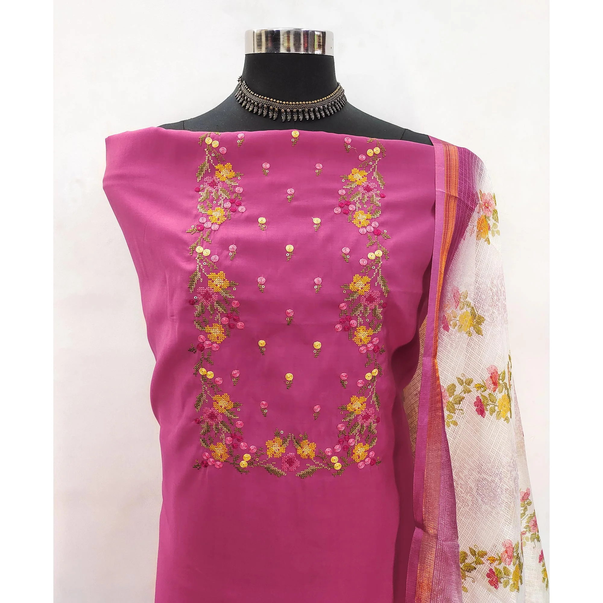 Pink Viscose Dress Material With Floral Embroidered Neckline - Image 4