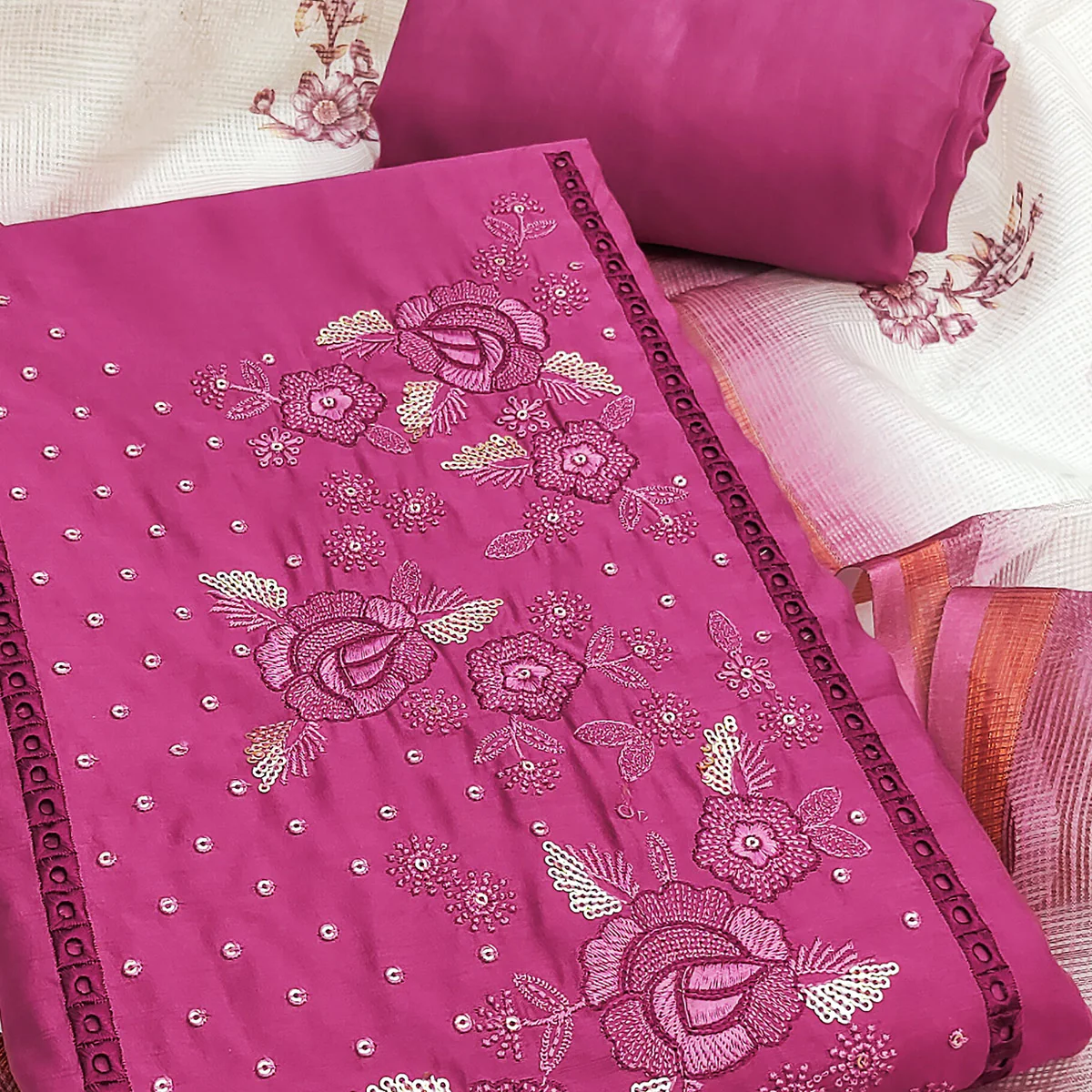 Pink Viscose Dress Material With Stunning Floral Sequin Embroidery - Image 2