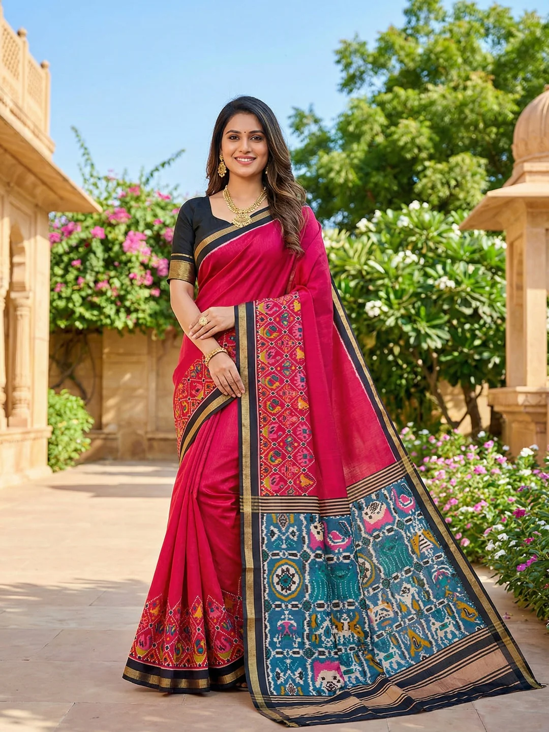 Pink Viscose Saree with Ikkat Printed Border and Graceful Feminine Appeal