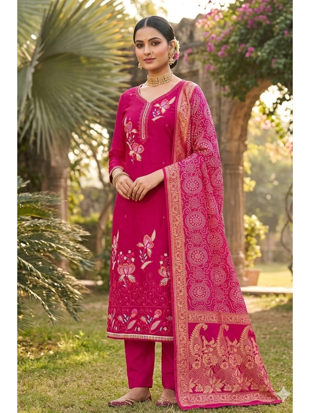 Pink Viscose Unstitched Suit Material with Elegant Floral Embroidery Work