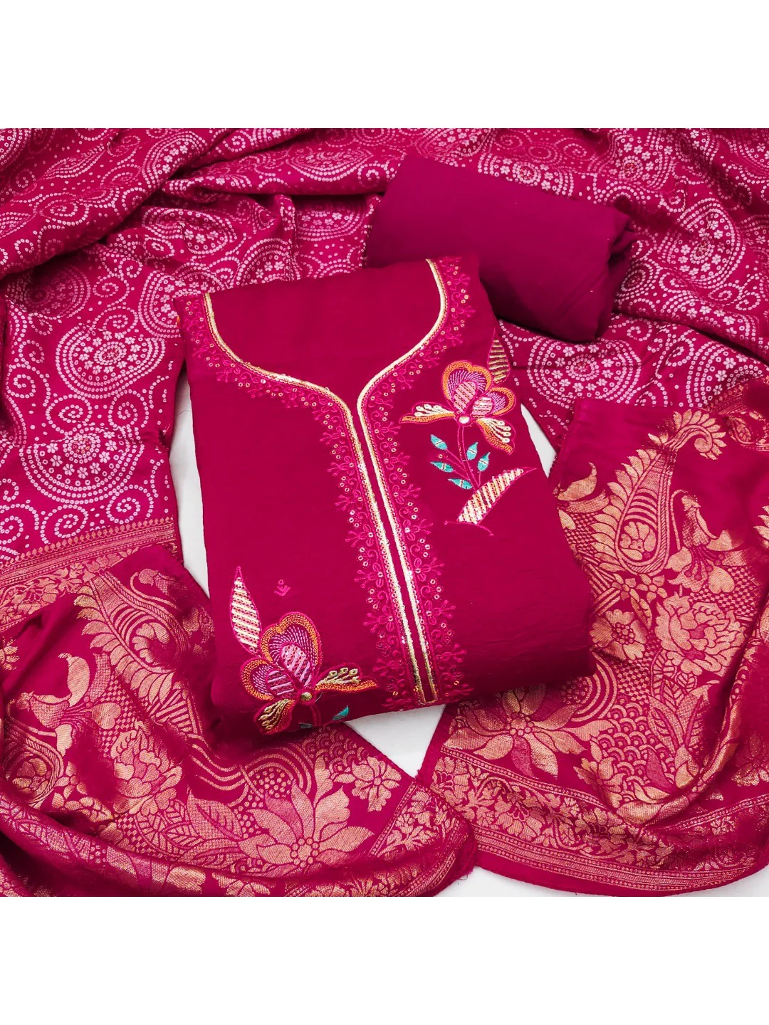 Pink Viscose Unstitched Suit Material with Elegant Floral Embroidery Work - Image 2