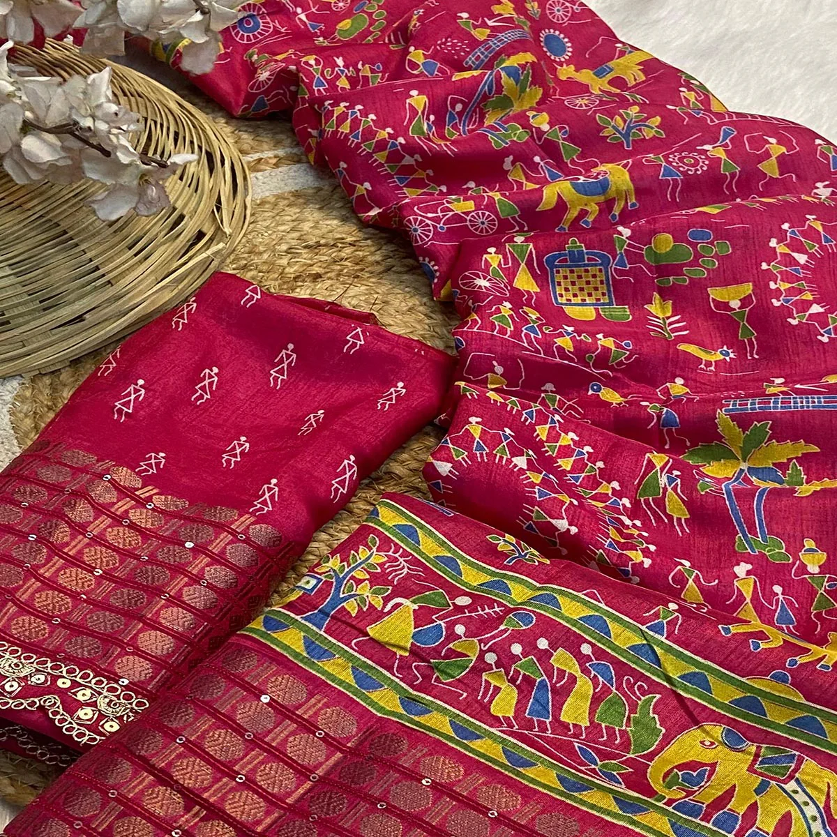 Pink Warli Printed Dola Silk Saree With Sequins Border - Image 2
