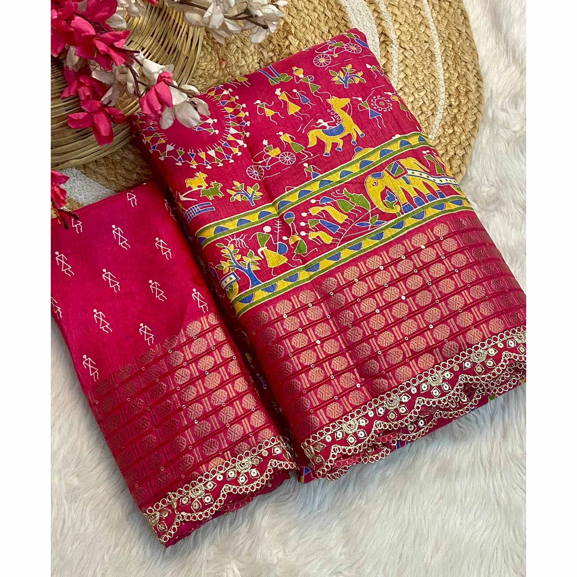 Pink Warli Printed Dola Silk Saree With Sequins Border - Image 3
