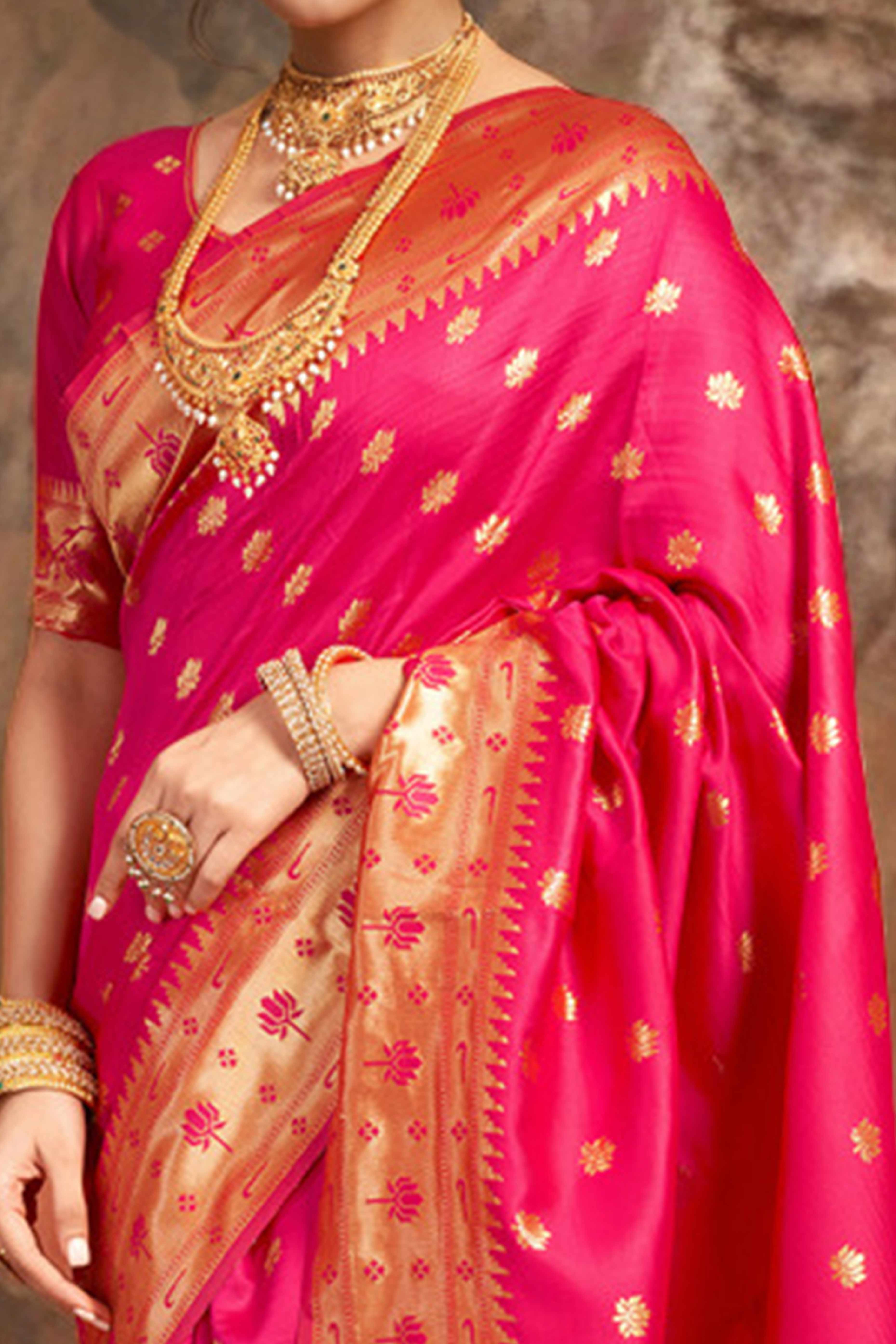 Pink Weaving Silk Blend Paithani Saree With Floral & Parrot Motif Pallu - Image 2