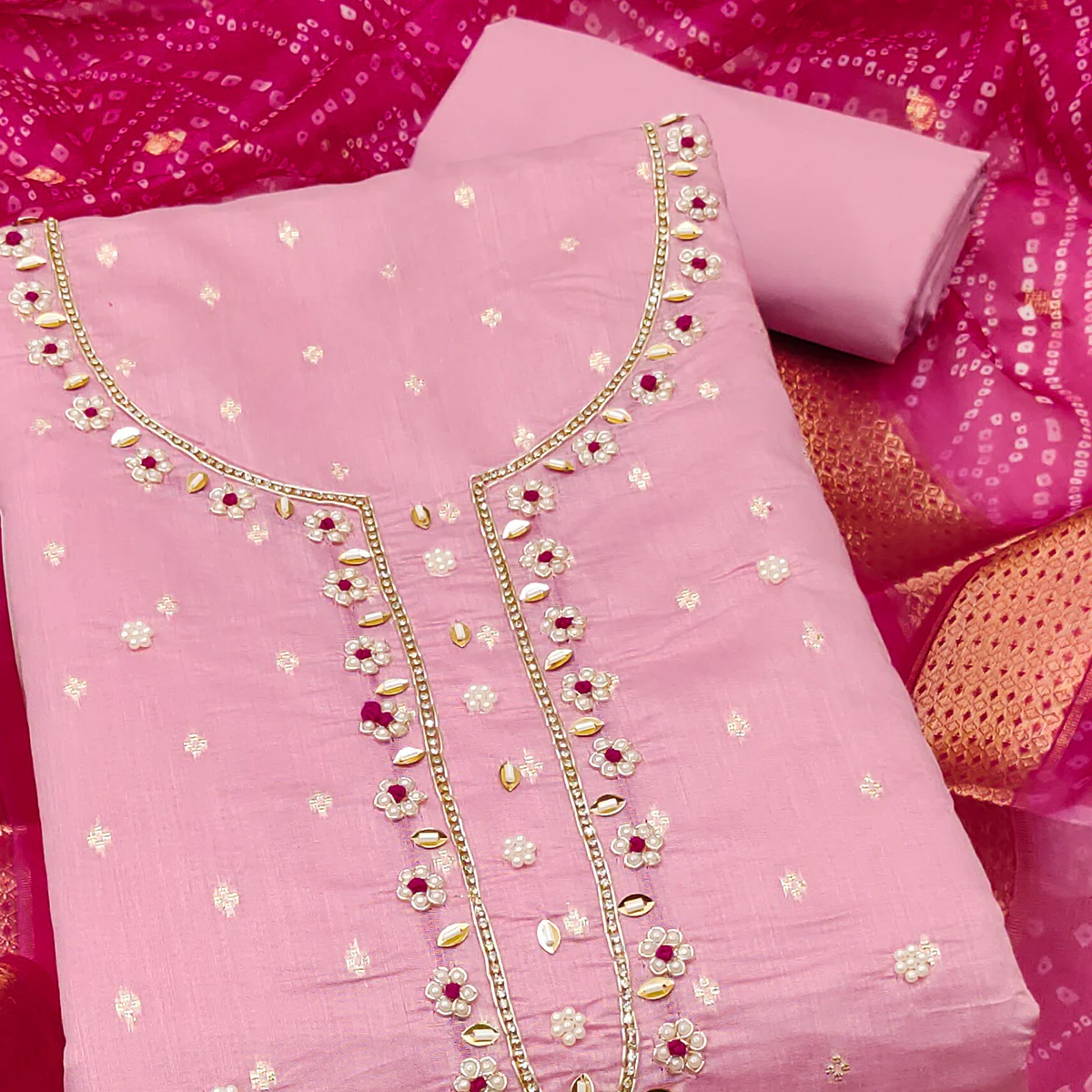 Pink Woven Banarasi Cotton Silk Dress Material with Artistic Bead Work and Classic Texture - Image 2