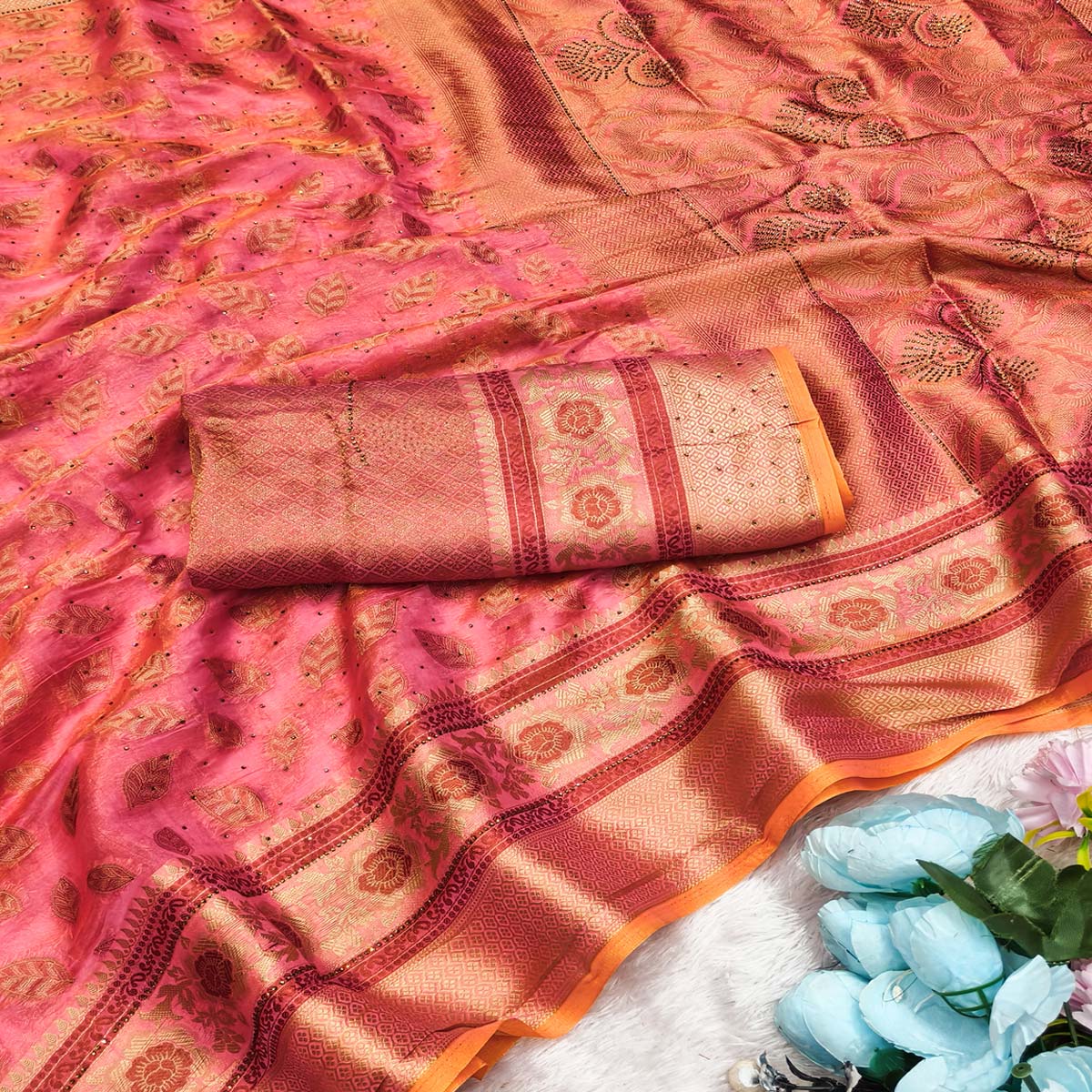 Pink Woven Banarasi Crunchy Silk Saree With Leaf & Floral Motifs Accented By Sparkling Stone - Image 2