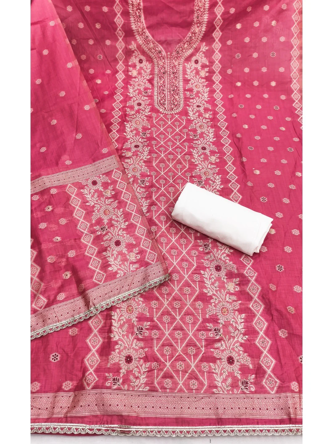 Pink Woven Banarasi Silk Dress Material with Delicate Beads Work - Image 3