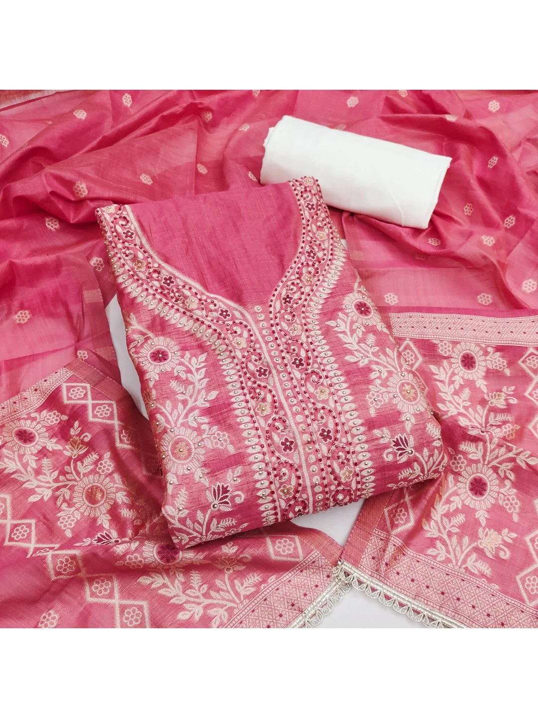 Pink Woven Banarasi Silk Dress Material with Delicate Beads Work - Image 4