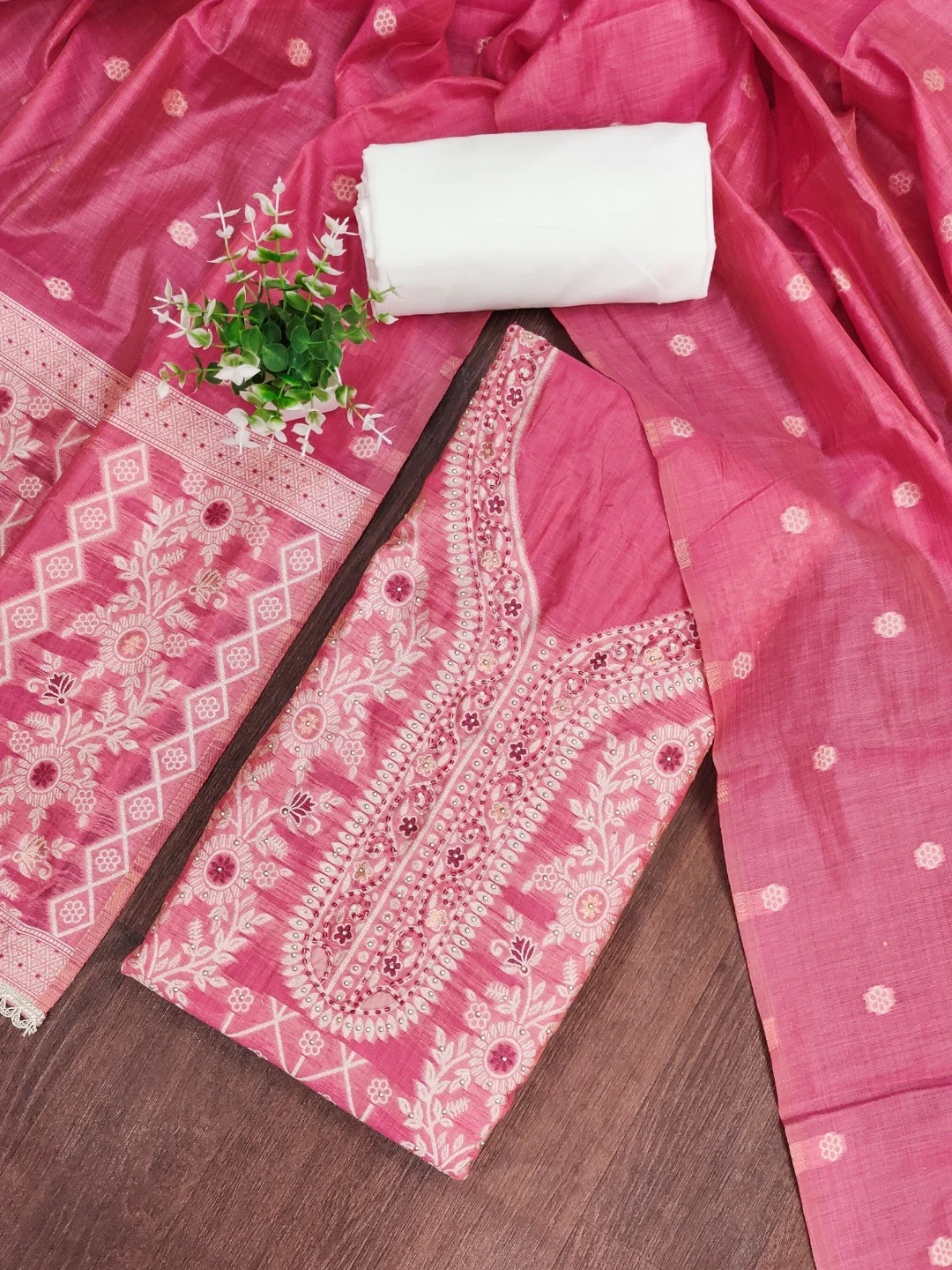 Pink Woven Banarasi Silk Dress Material with Delicate Beads Work - Image 5