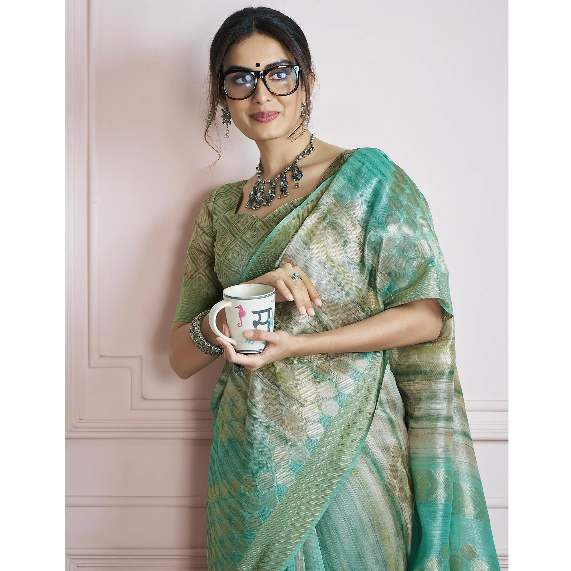Sea Green Woven Cotton Silk Saree - Image 6