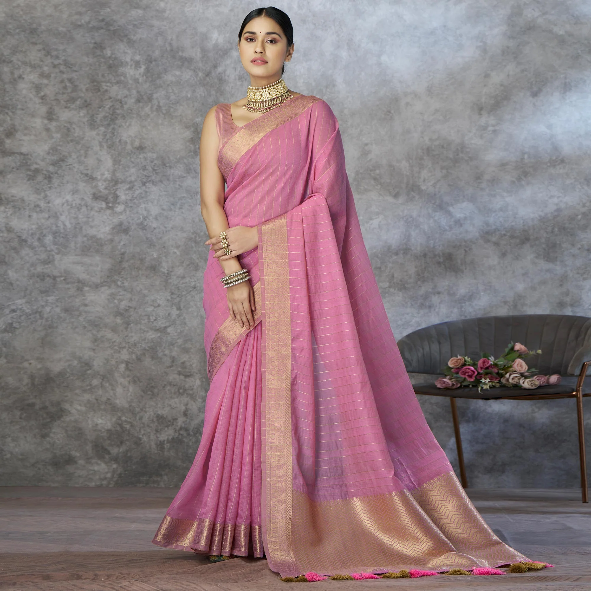 Pink Woven Cotton Silk Saree With Tassels - Image 2