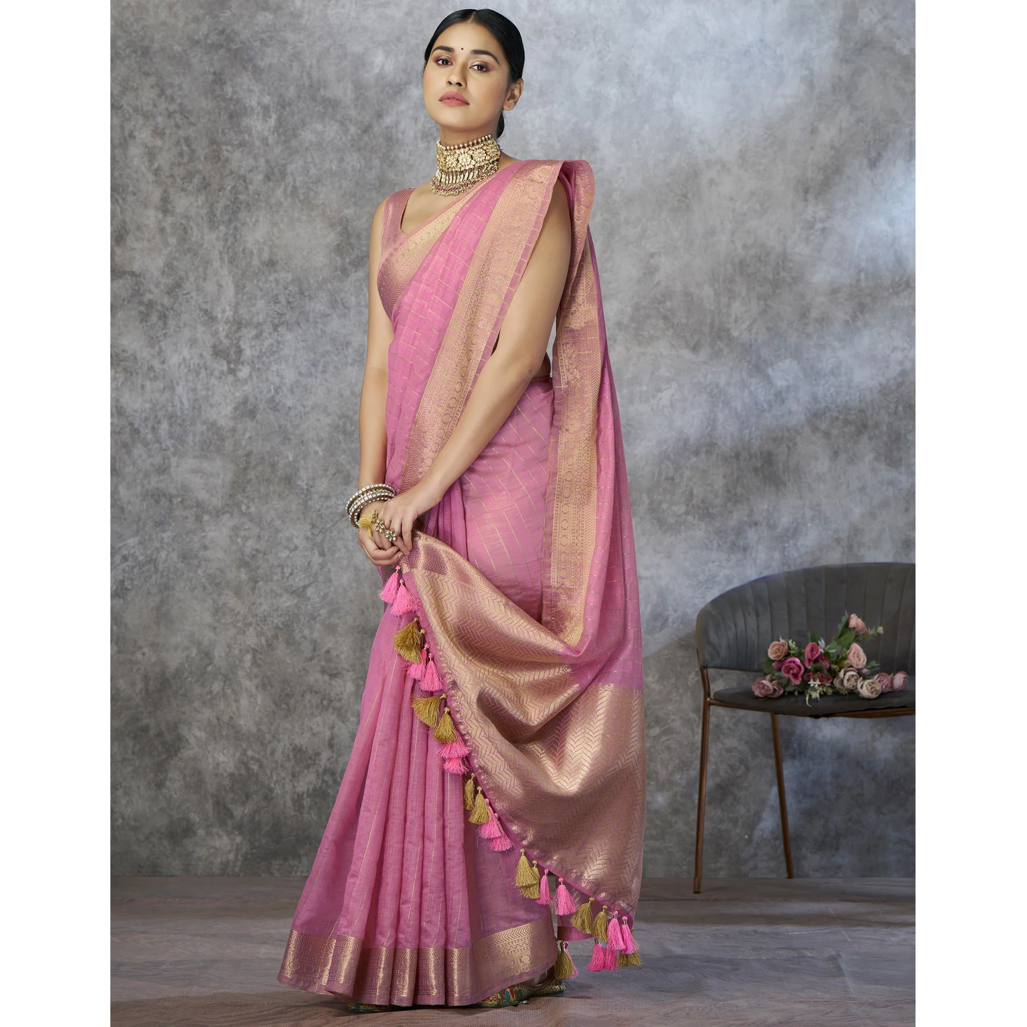 Pink Woven Cotton Silk Saree With Tassels - Image 4