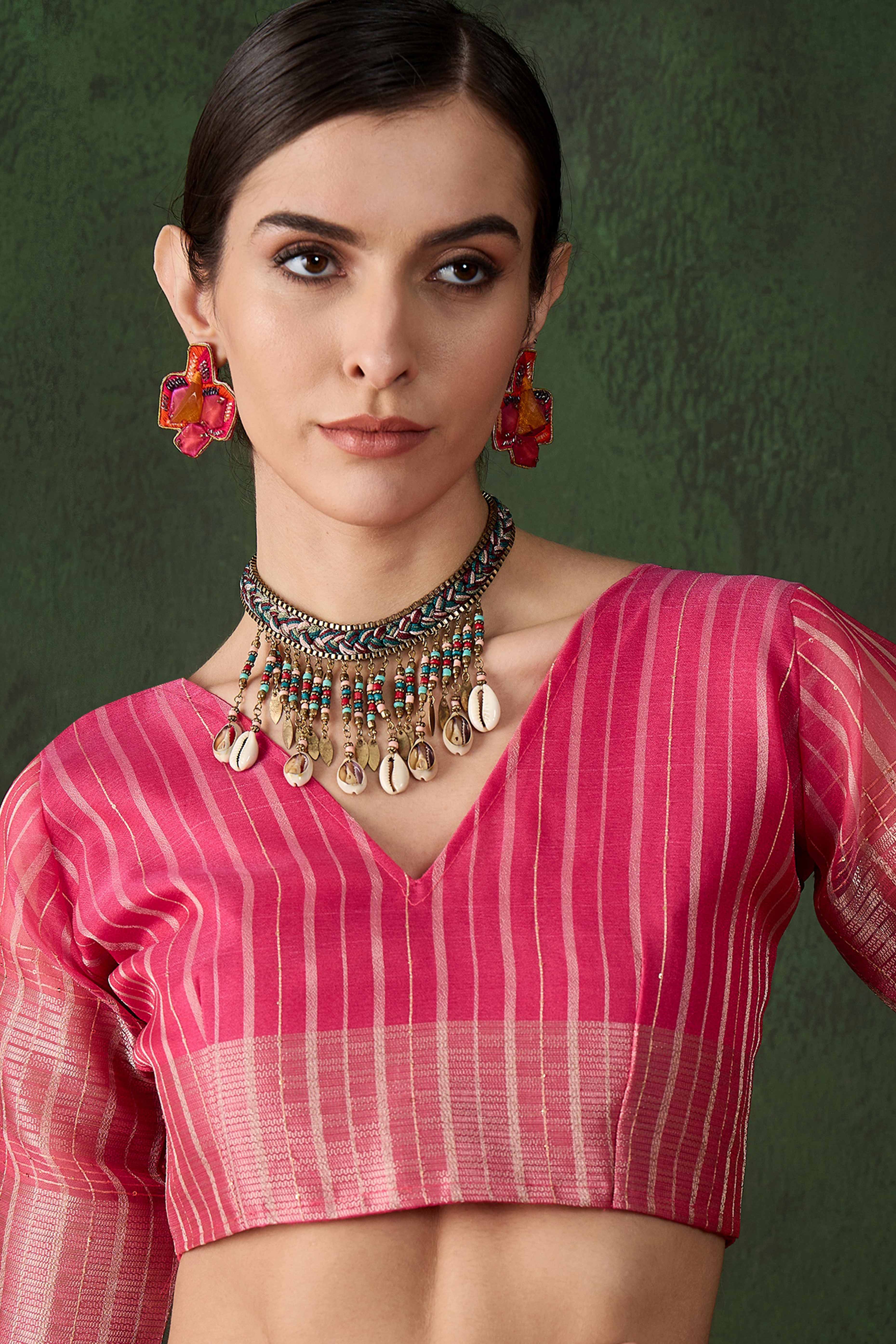 Pink Woven Khadi Organza Saree Embellished With Shimmering Sequins Work - Image 7