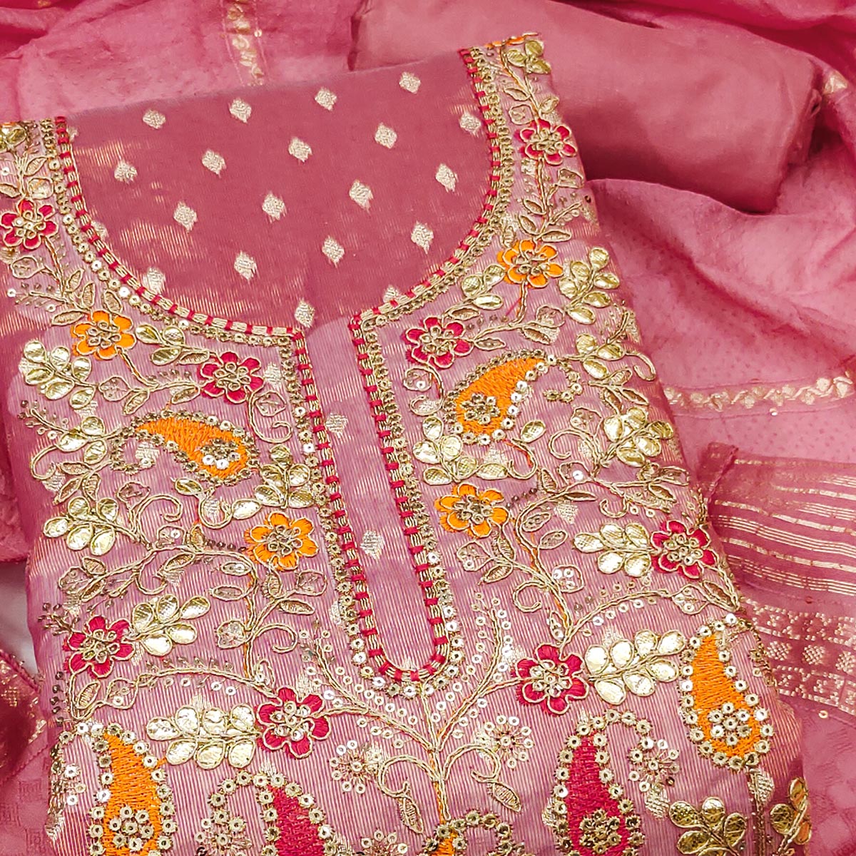 Pink Woven Shimmer Dress Material Featuring Sequins Embroidery & Gota Patti Accents - Image 2