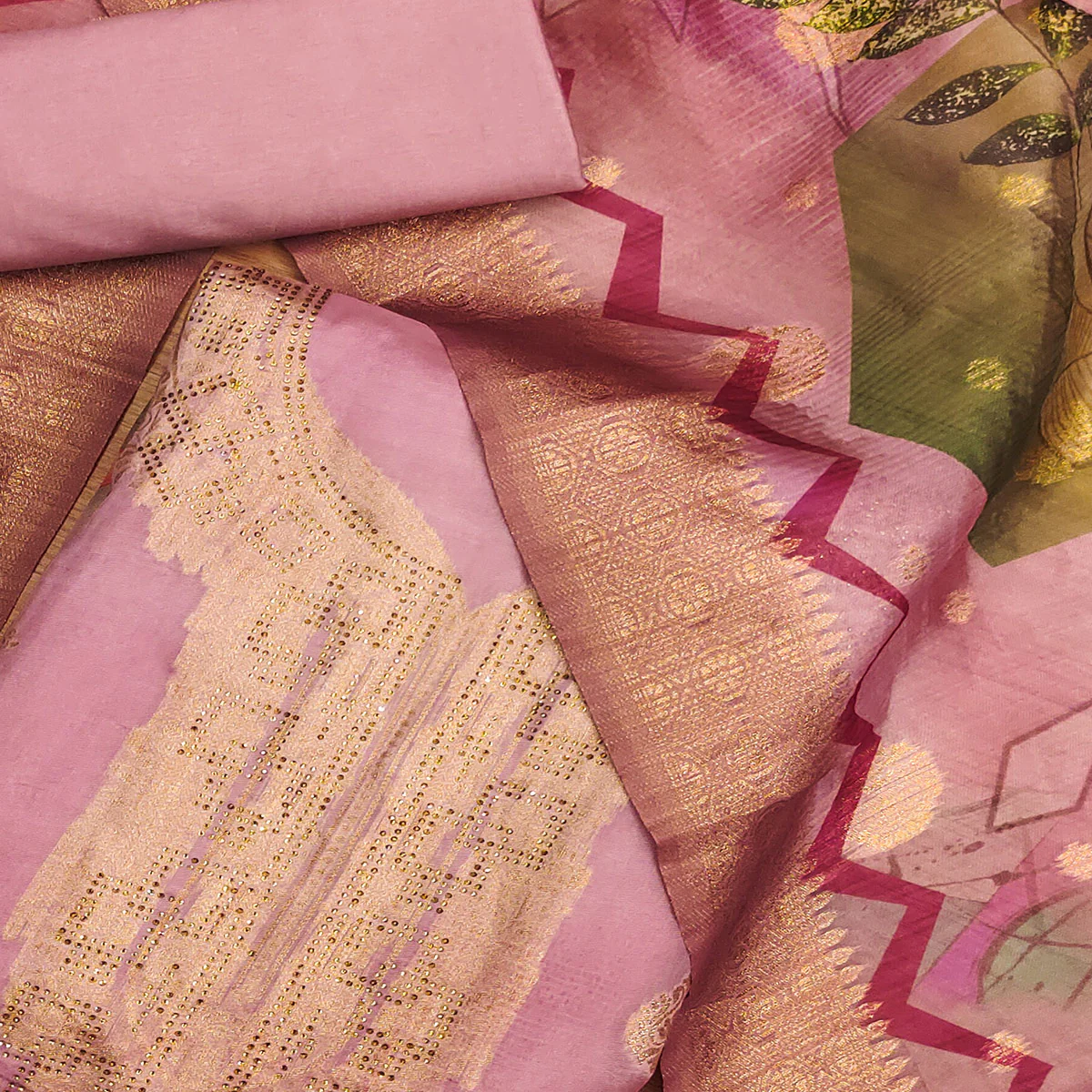 Pink Woven With Digital Printed & Swarovski Organza Dress Material - Image 2