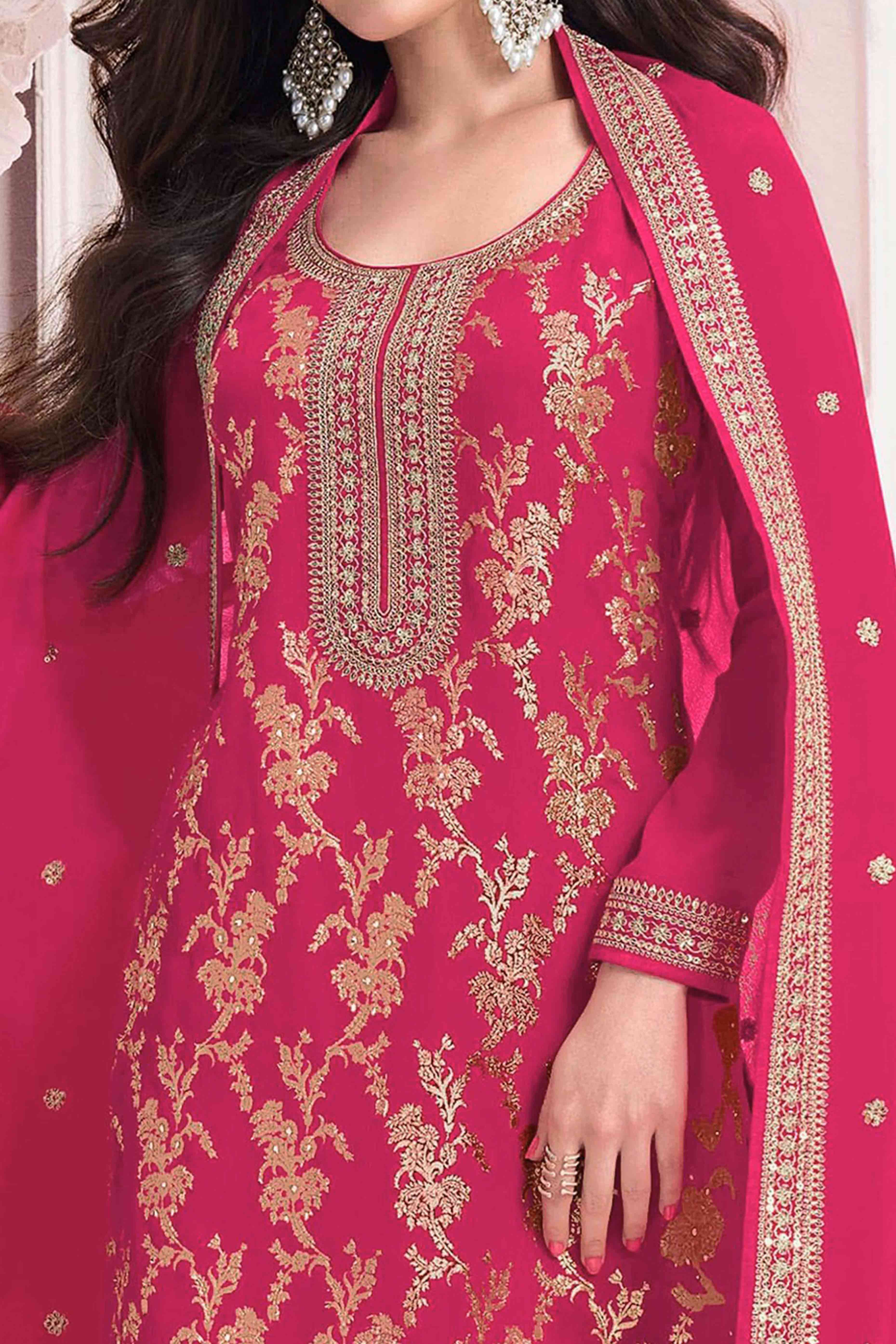 Pink Woven With Embroidered Jacquard Viscose Semi Stitched Salwar Suit - Image 2