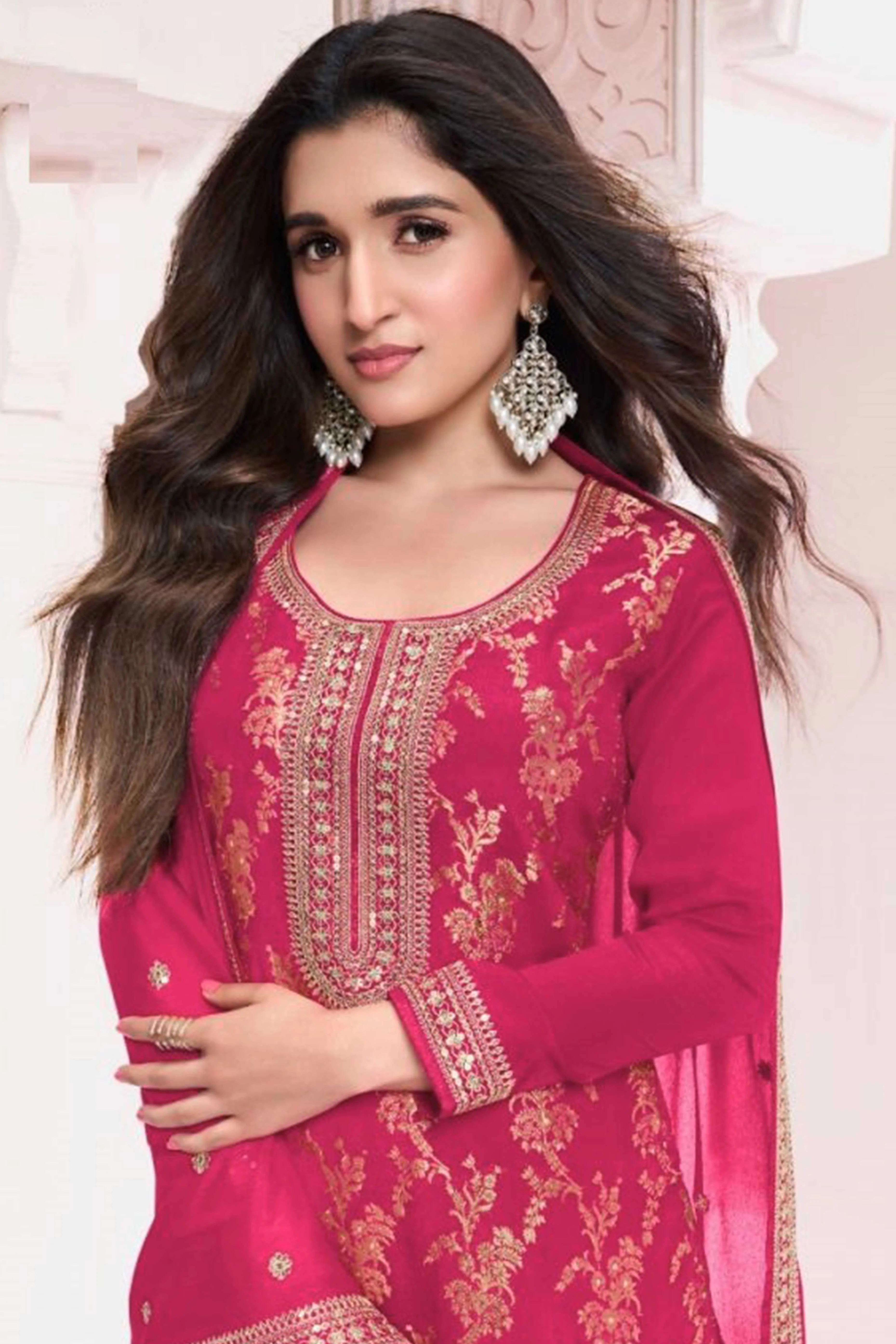 Pink Woven With Embroidered Jacquard Viscose Semi Stitched Salwar Suit - Image 3