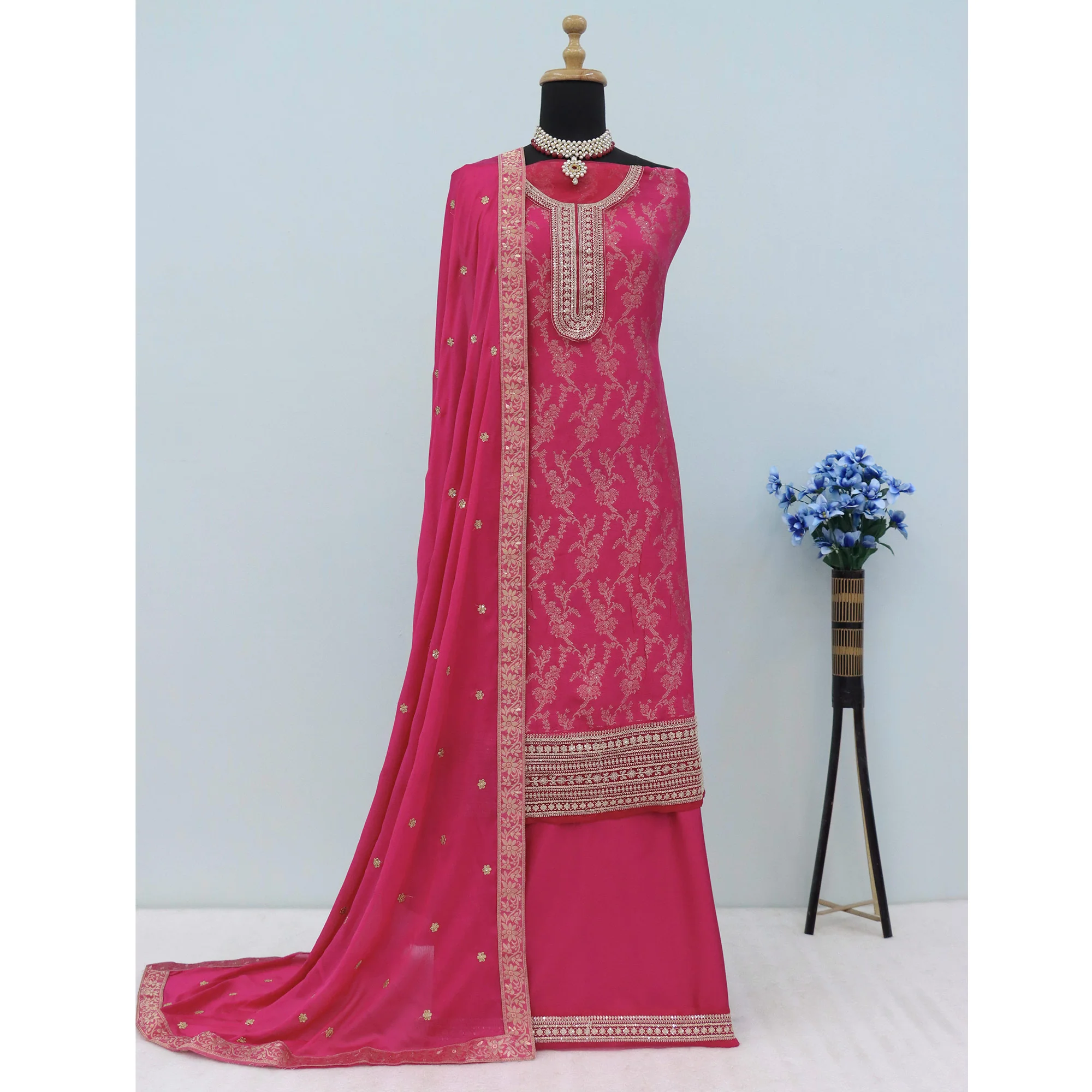 Pink Woven With Embroidered Jacquard Viscose Semi Stitched Salwar Suit - Image 4