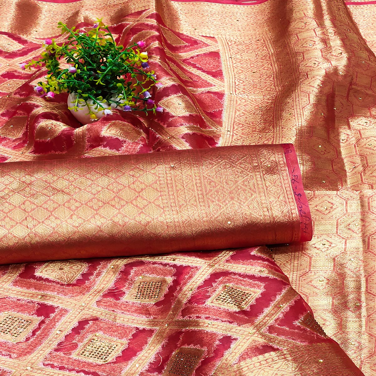 Pink Woven With Stonework Organza Jacquard Saree - Image 2