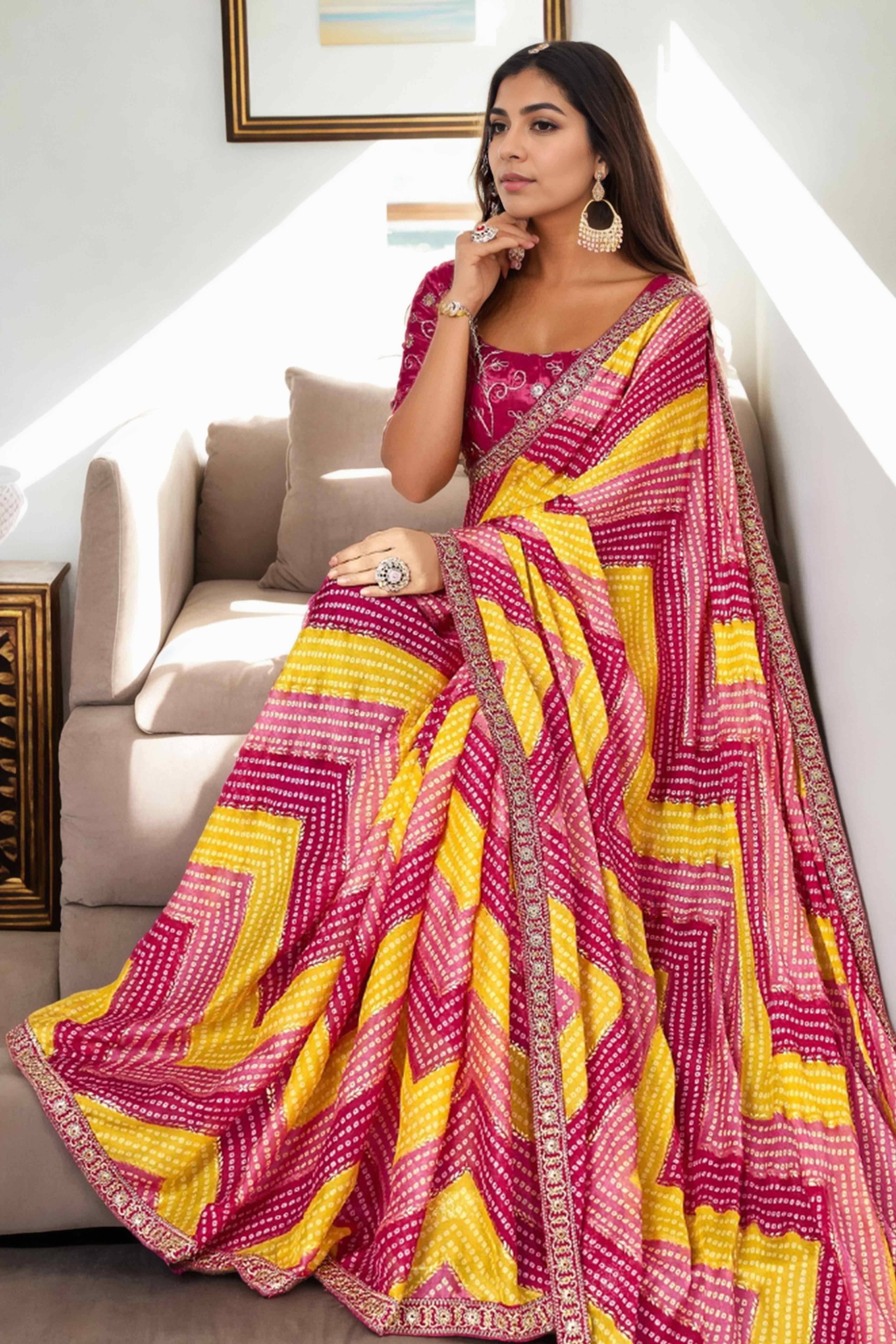Pink & Yellow Bandhani Digital Printed Chinon Saree With Embroidered Border - Image 4
