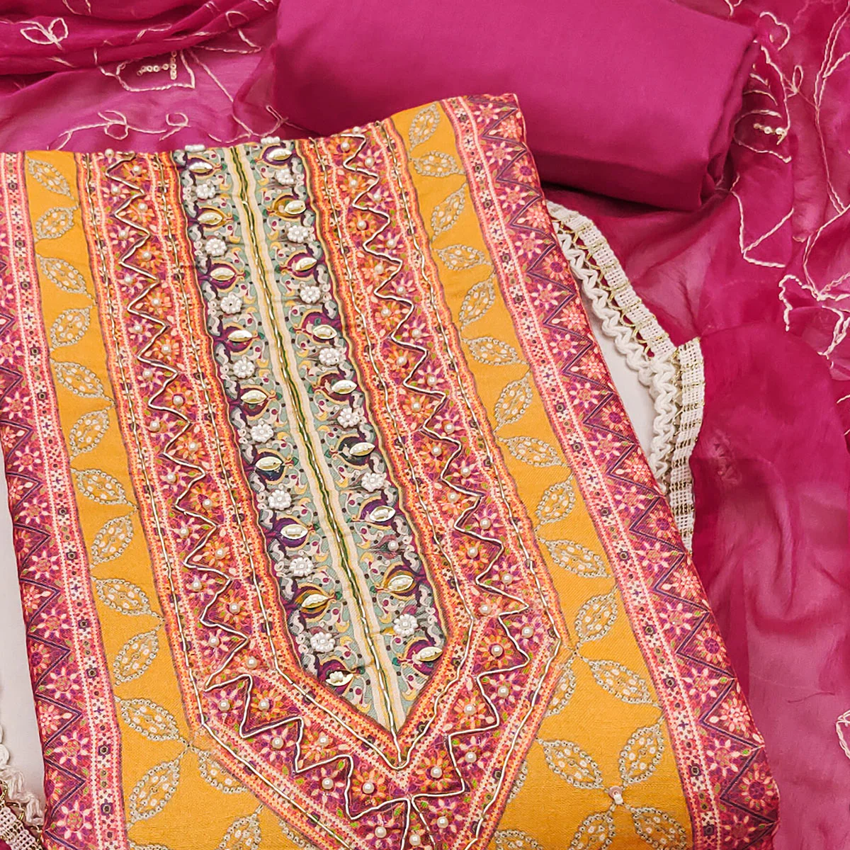 Pink & Yellow Pure Cotton Dress Material With Digital Prints & Elegant Moti Handwork Accents - Image 2